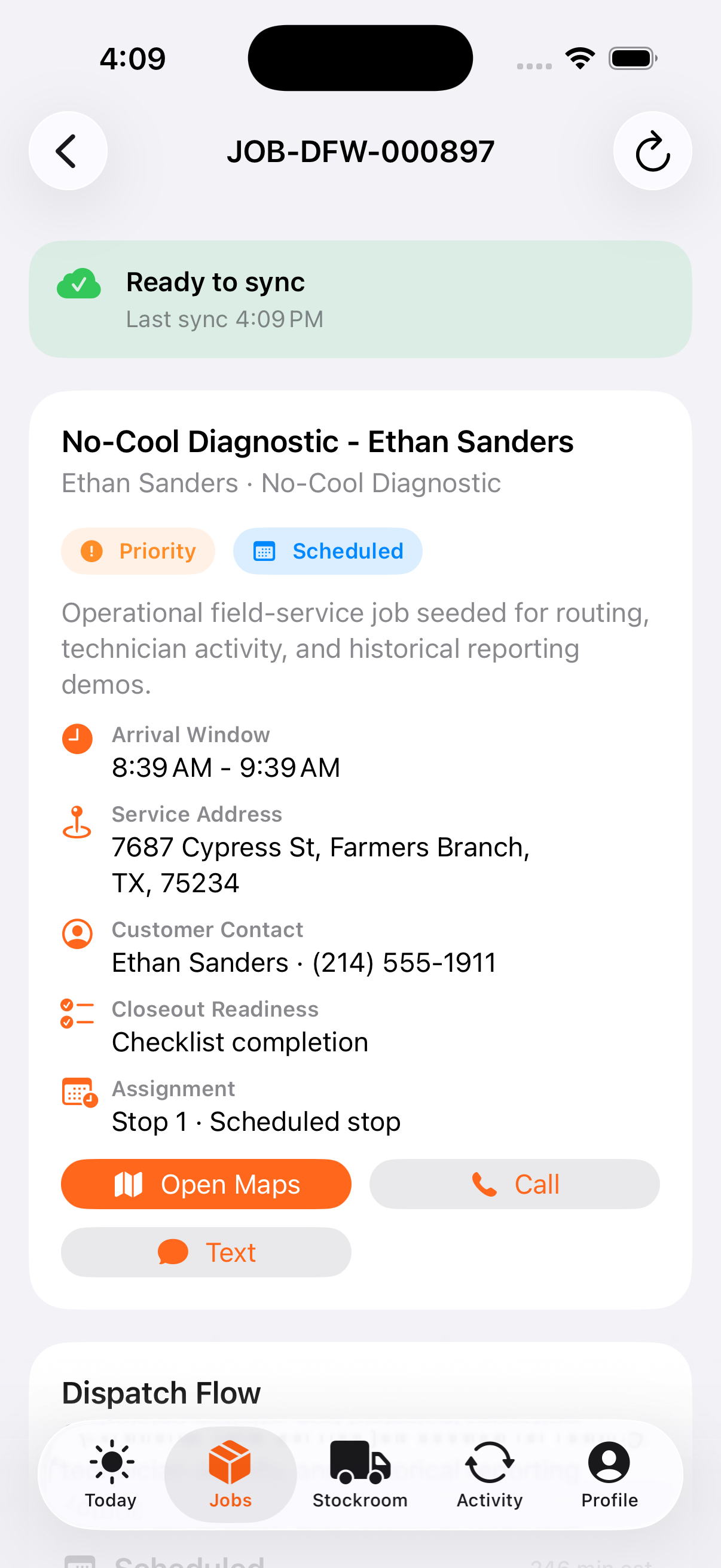 Field Opus iOS job details screen showing field execution details