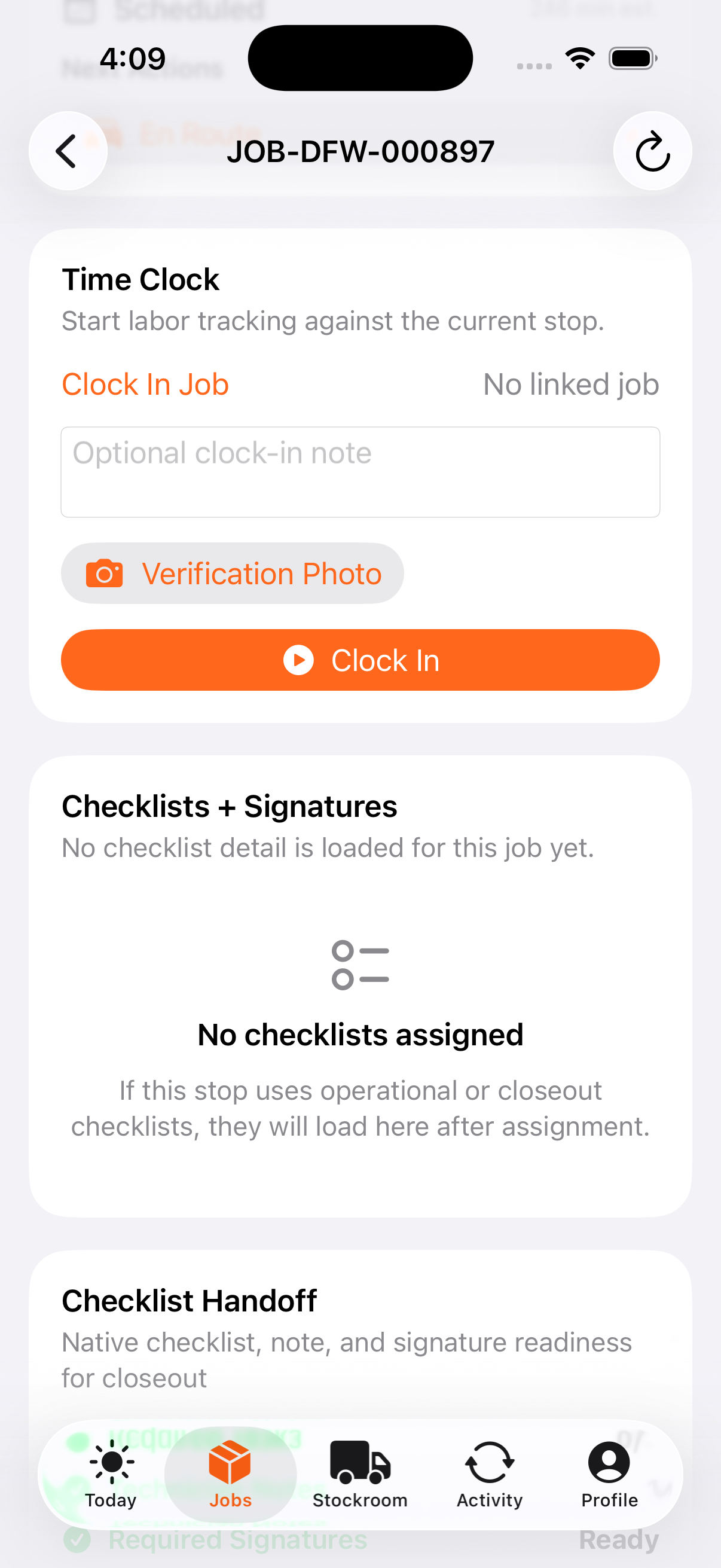 Field Opus iOS clock-in screen for technician labor capture