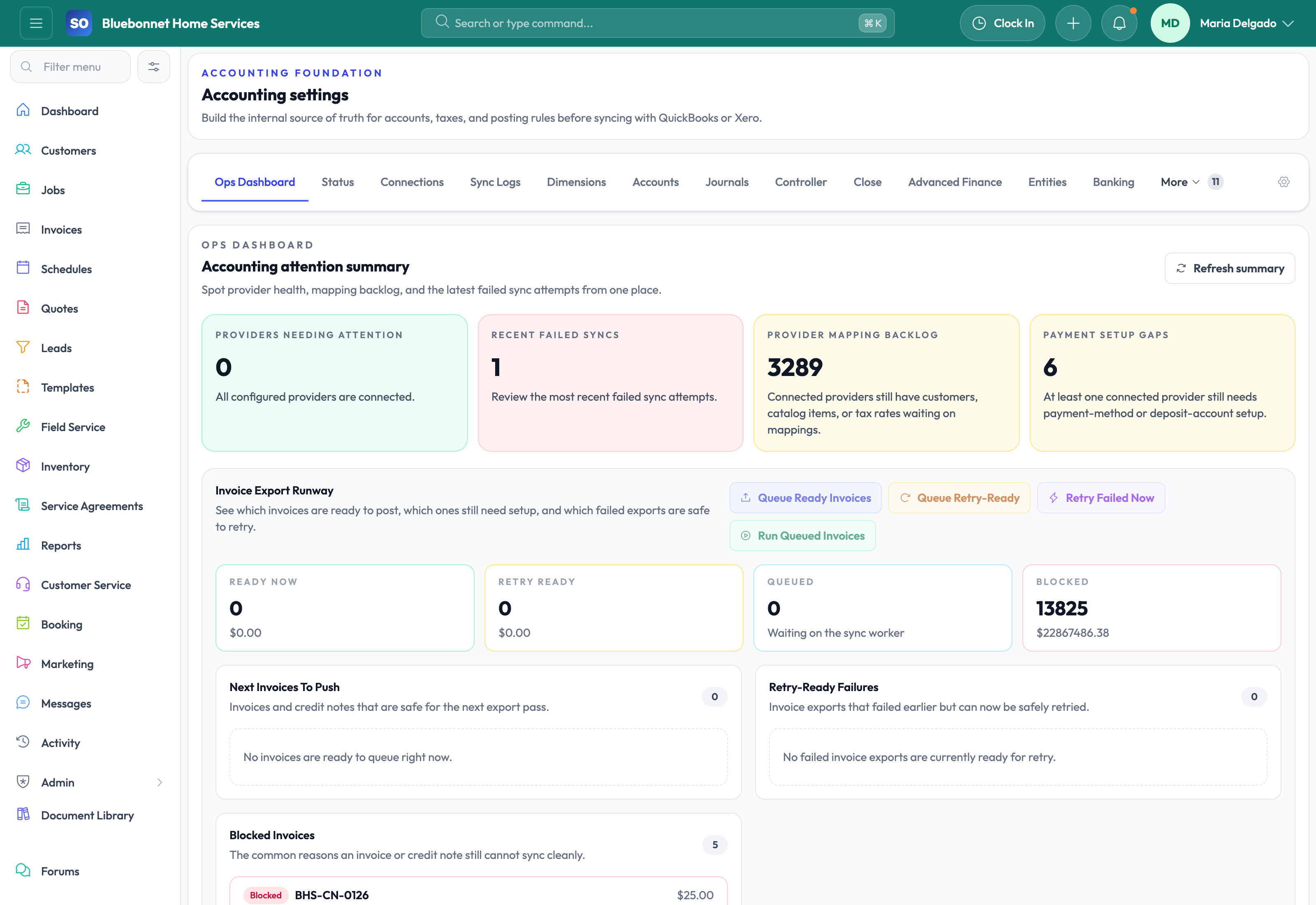 Xero accounting operations dashboard for provider health, queues, and readiness.