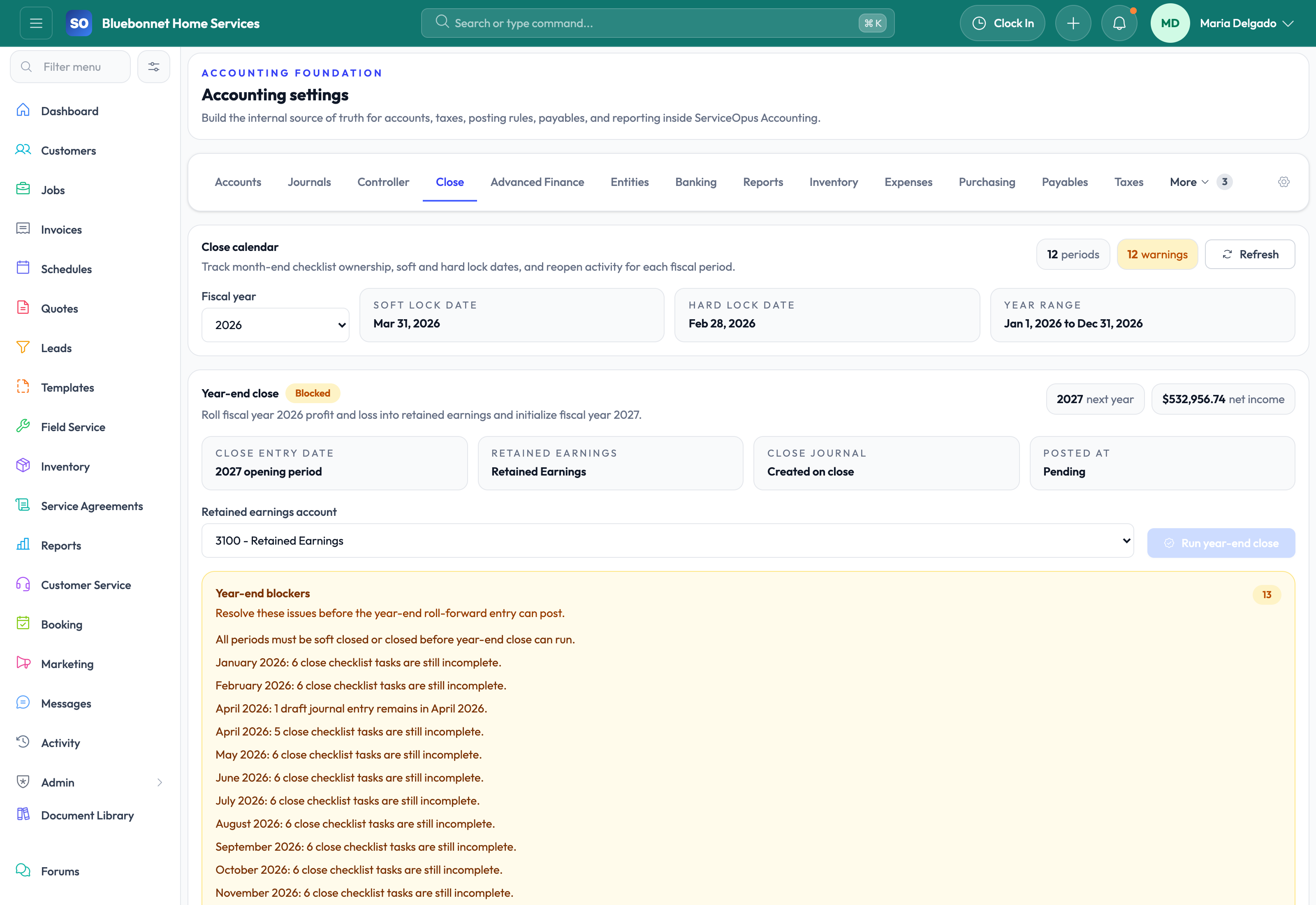 Native Accounting close workspace for period readiness and controller review.