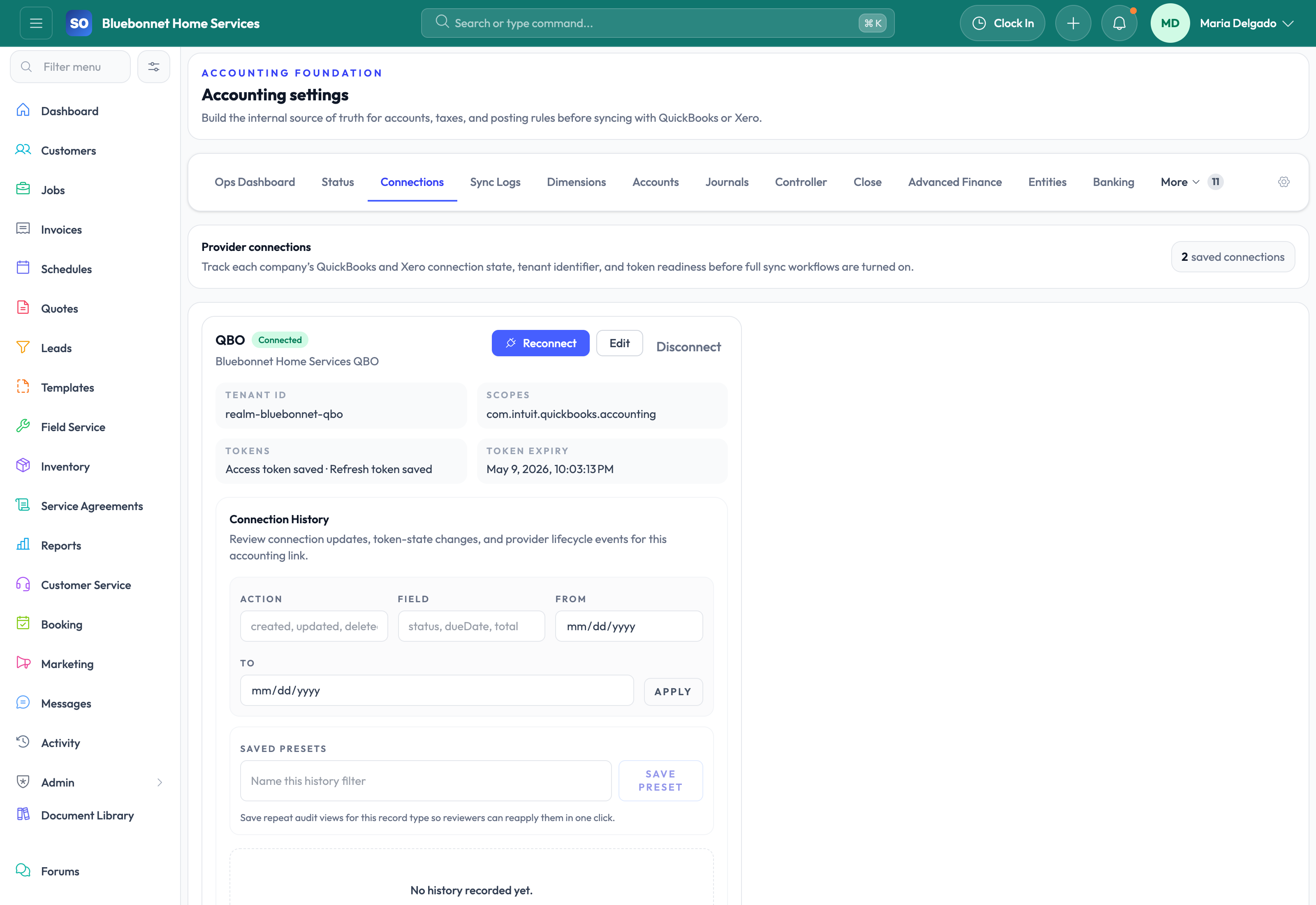 QBO connections workspace for tenant status and token readiness.