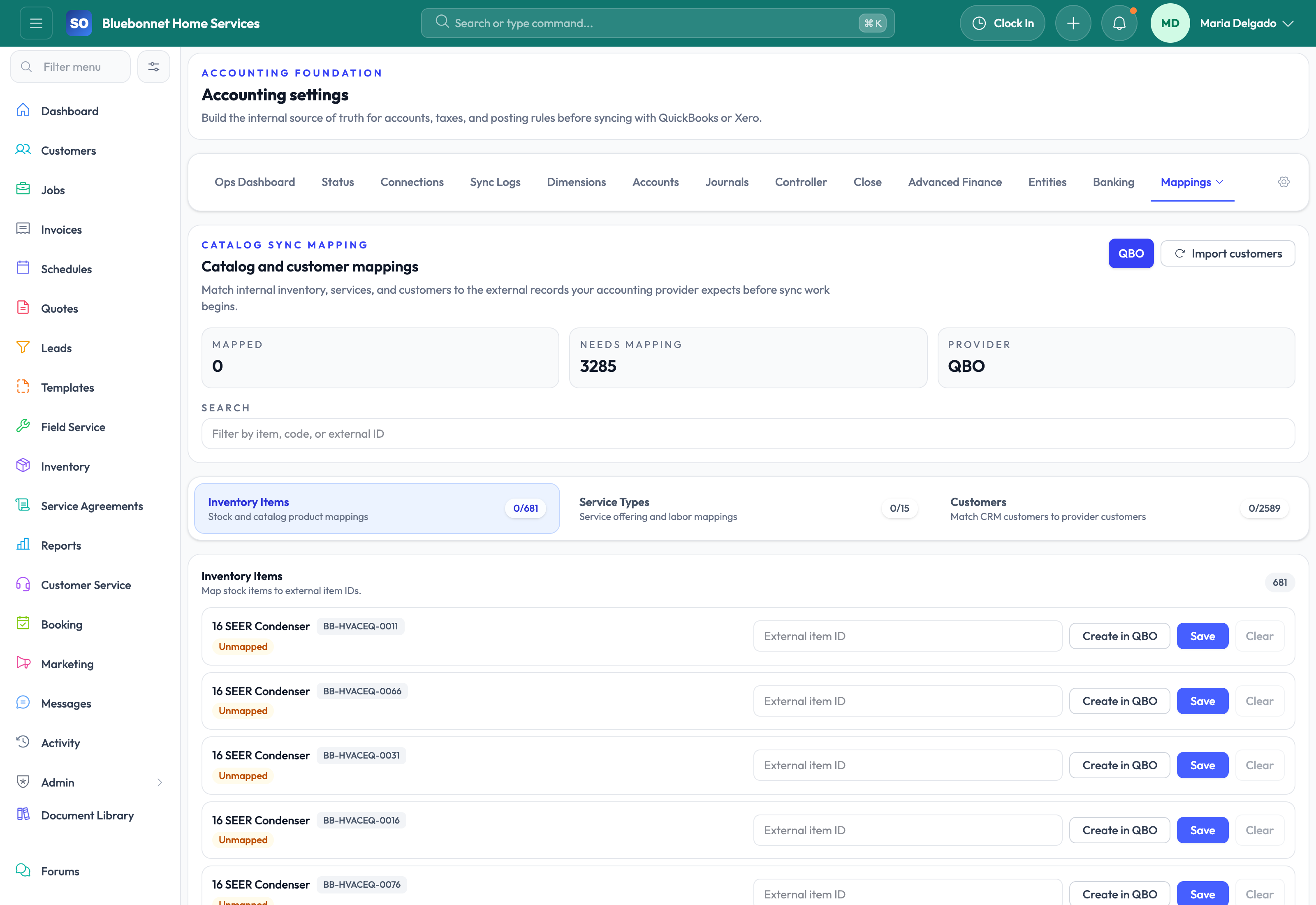 QBO mappings workspace for customer, catalog, tax, and GL alignment.