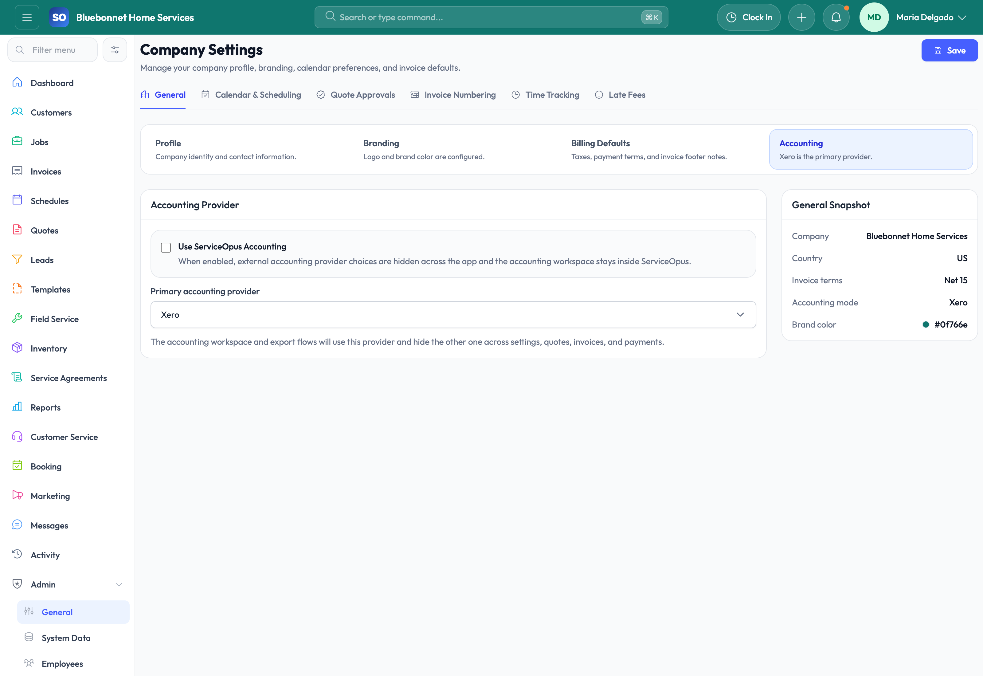 Xero mode selected in Company Settings.