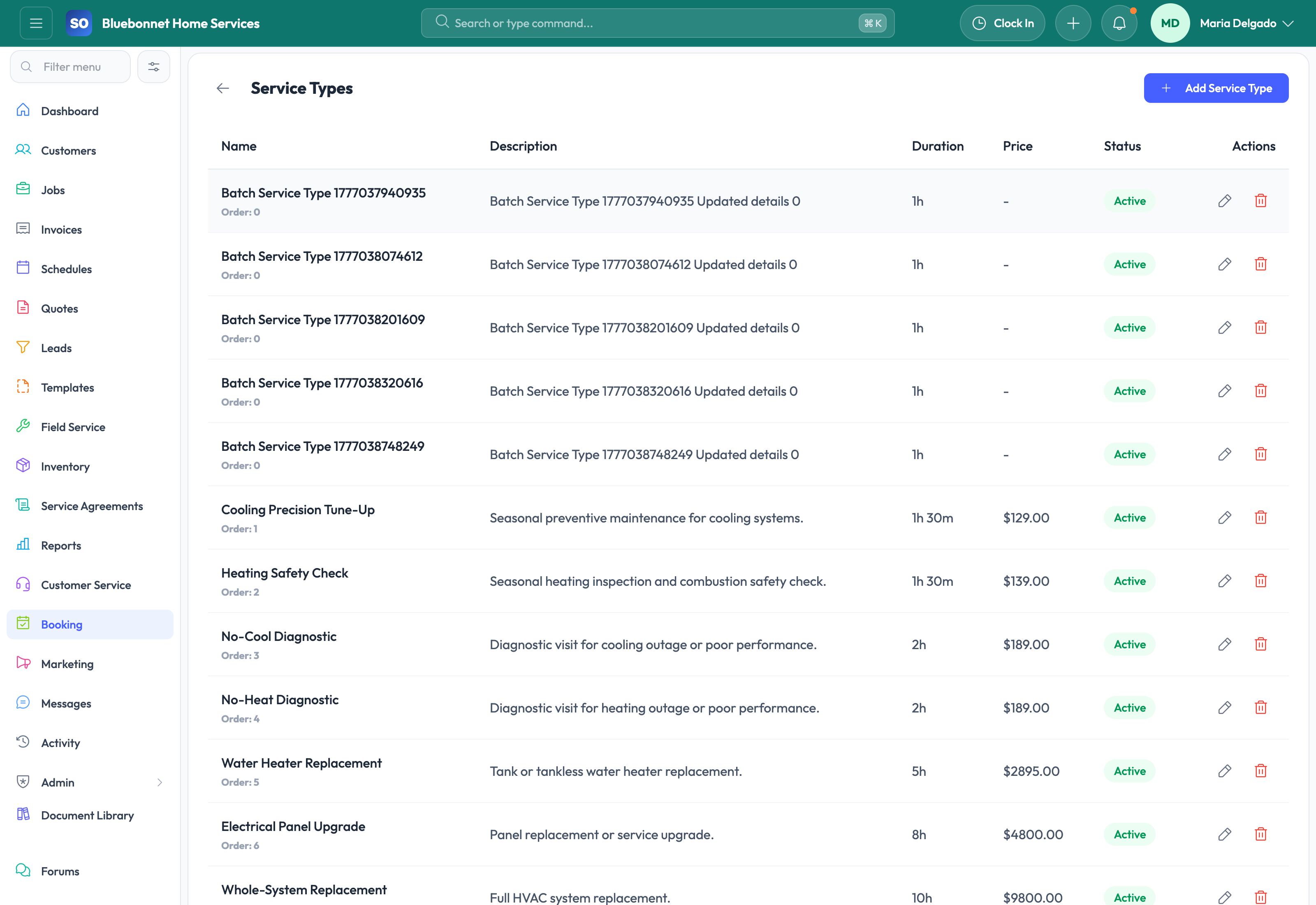 Service Types tab for self-service booking options.
