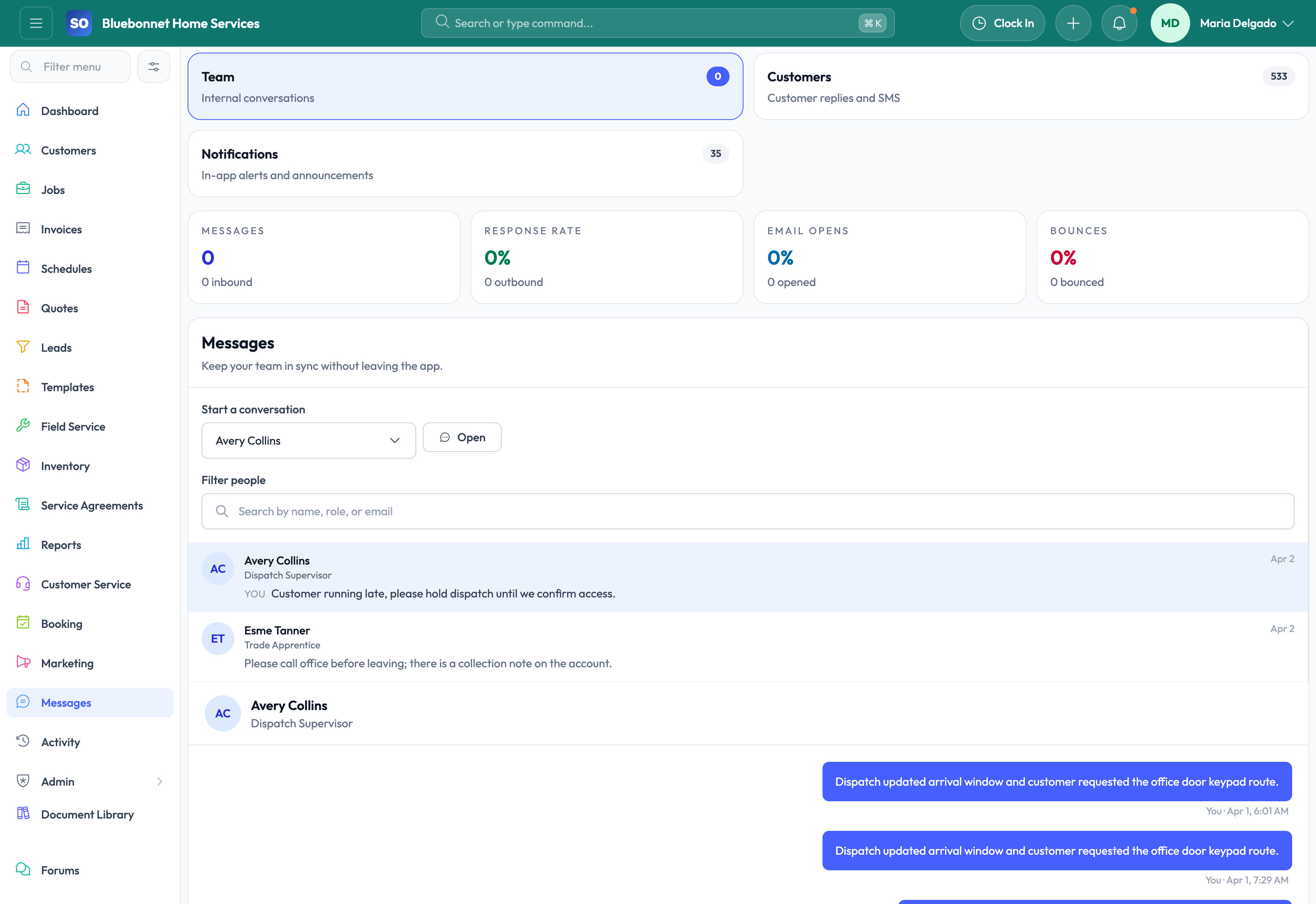 Messages workspace for customer updates and internal coordination.