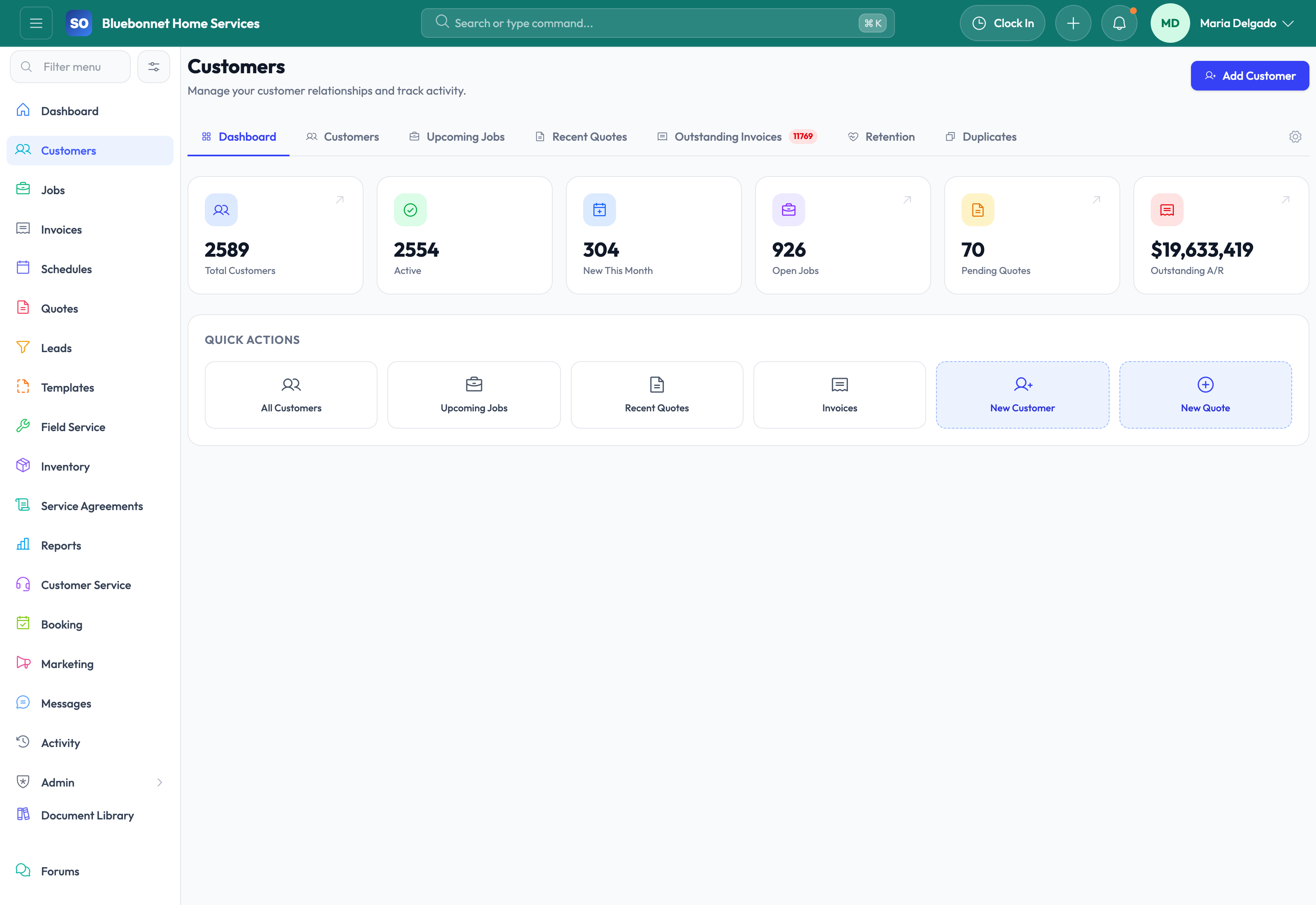 Customer dashboard summary with account health and quick actions.