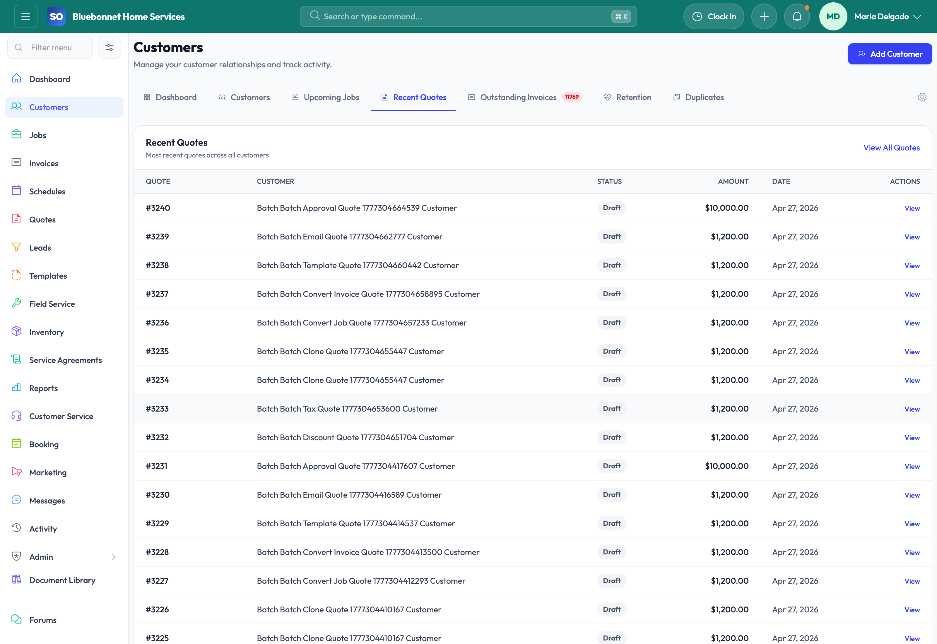 Customer quotes tab for recent estimating activity.