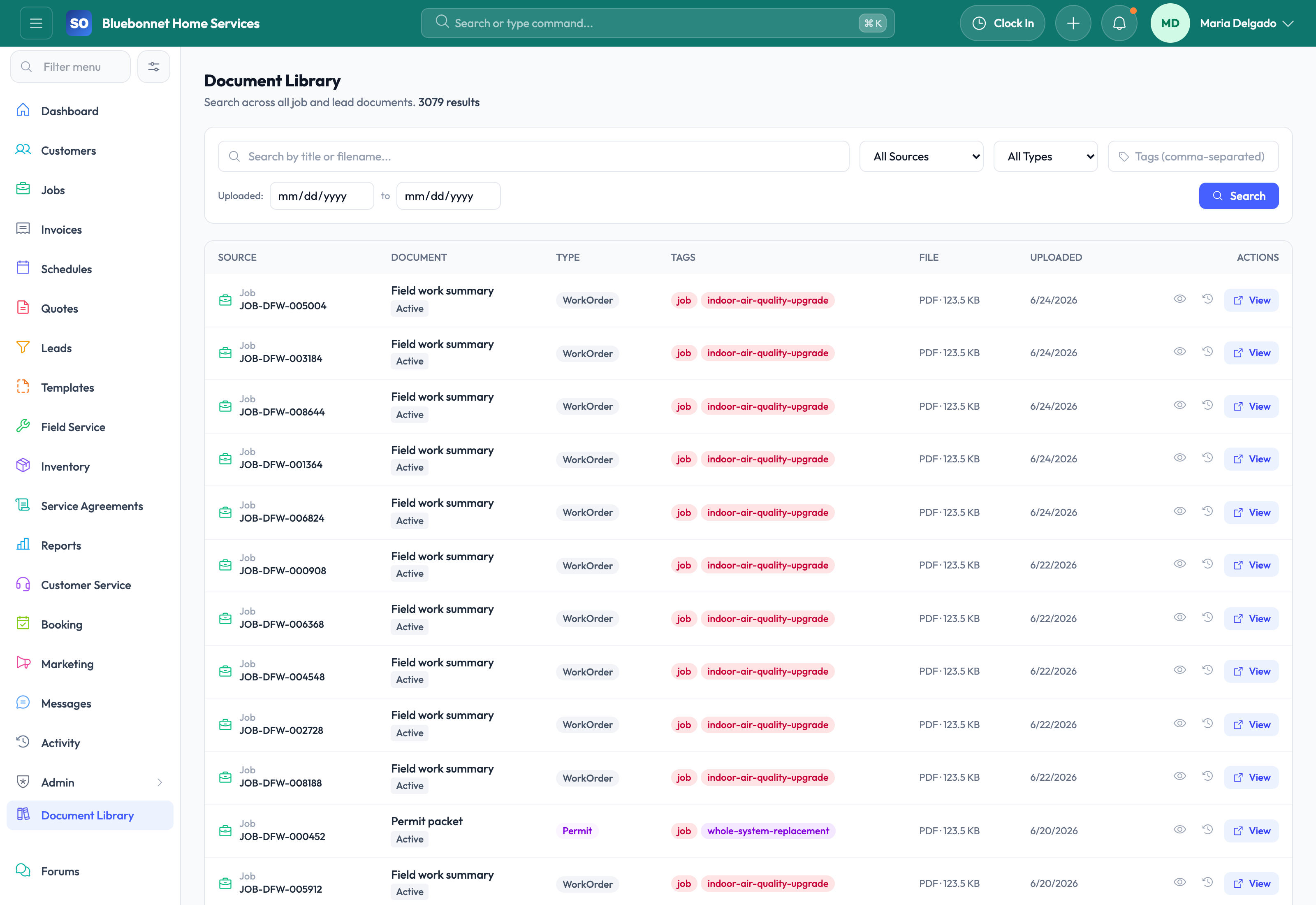 Document library with record-linked files, media, and templates.