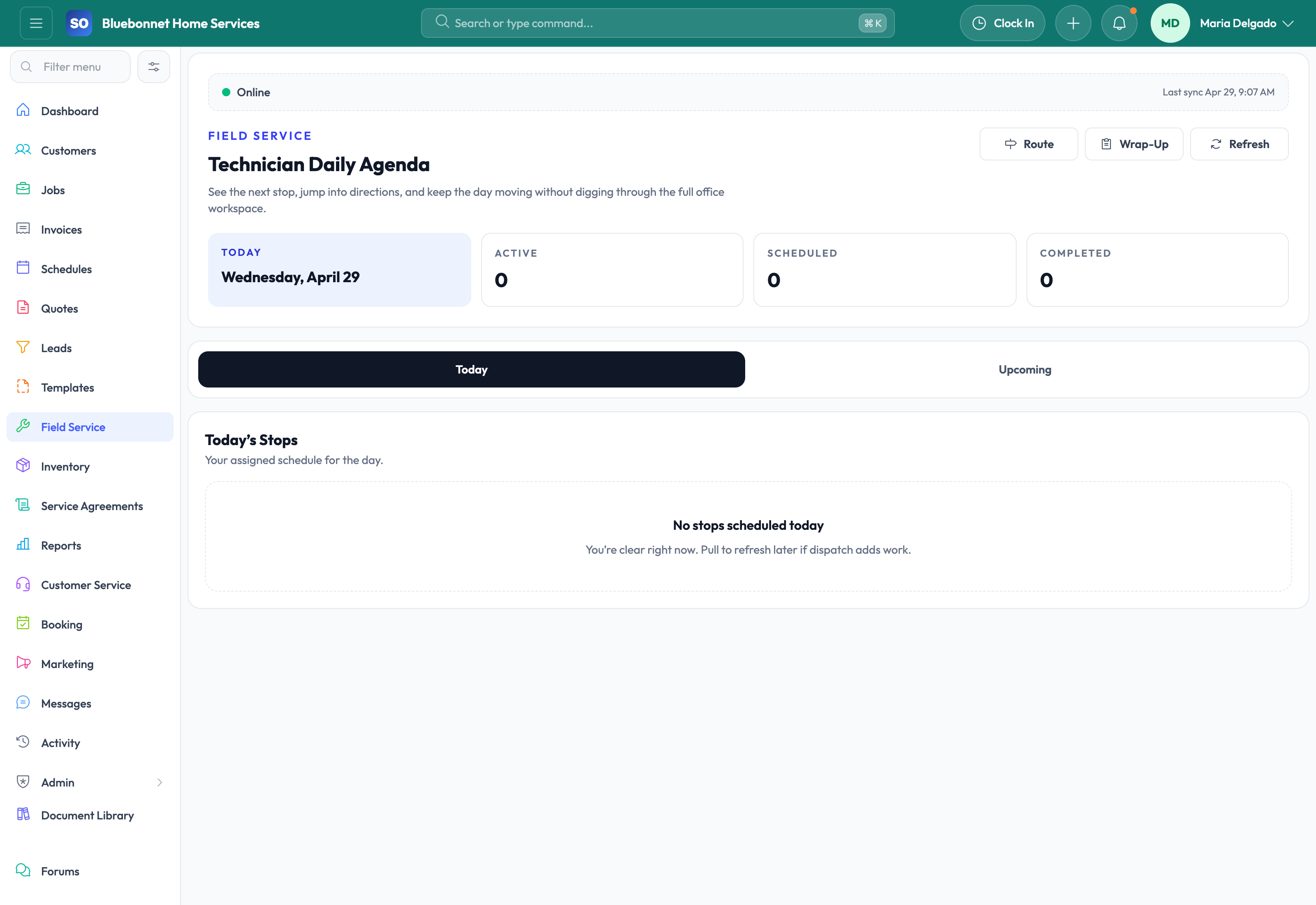 Field service dashboard for technician-ready job context.