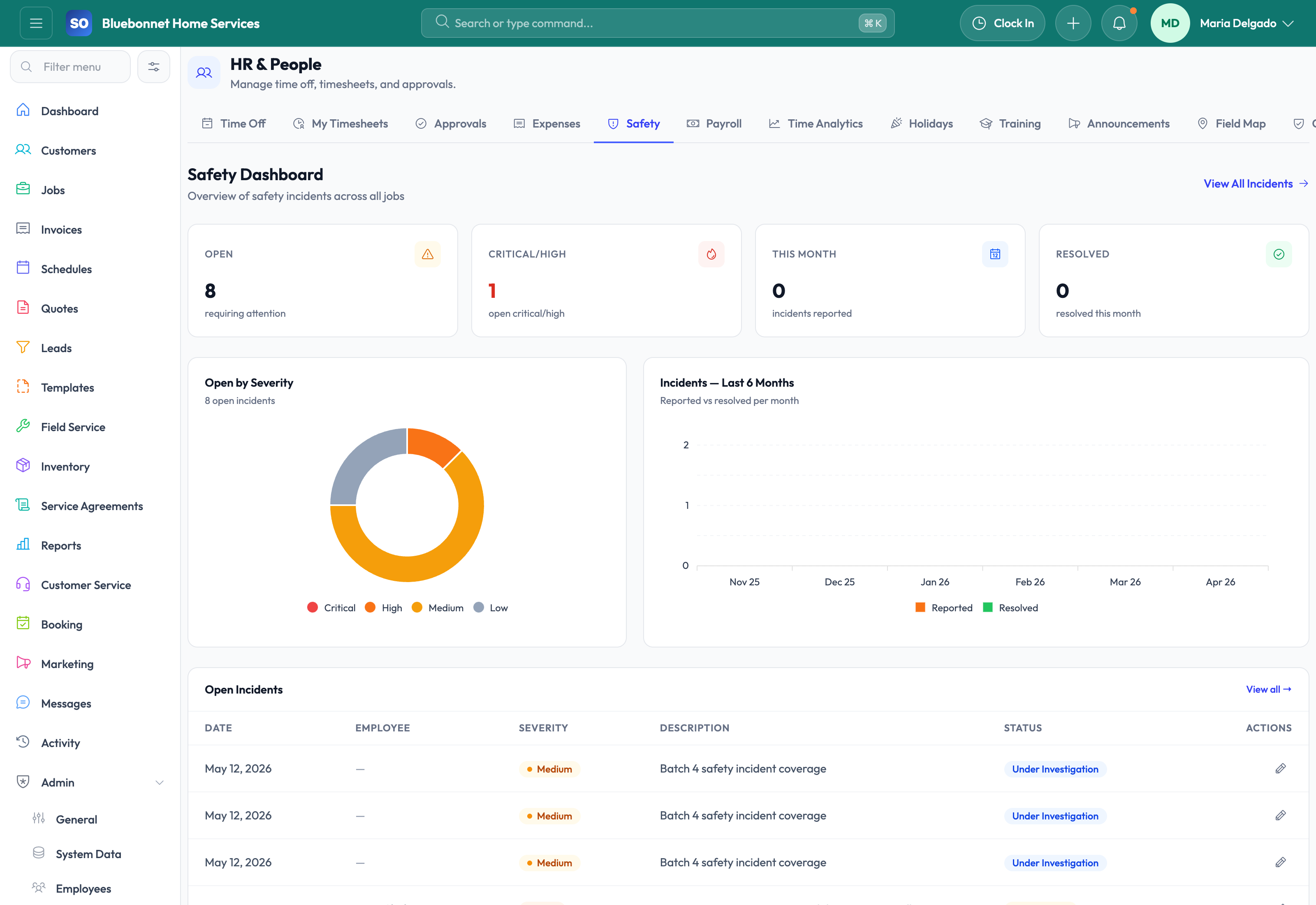 Safety tab for incidents and field risk visibility.