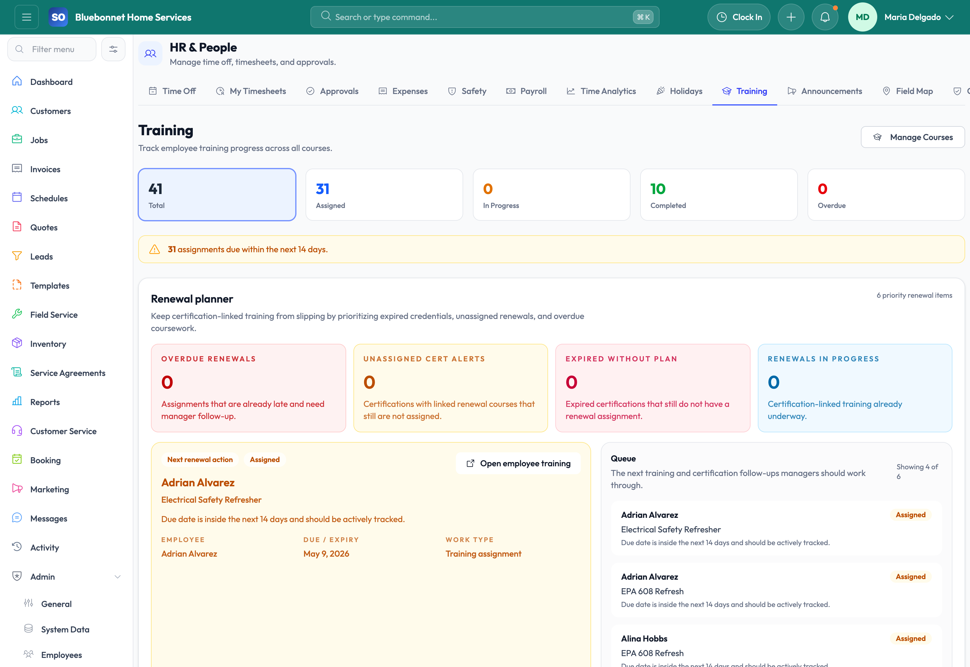 Training tab for employee learning and readiness tracking.