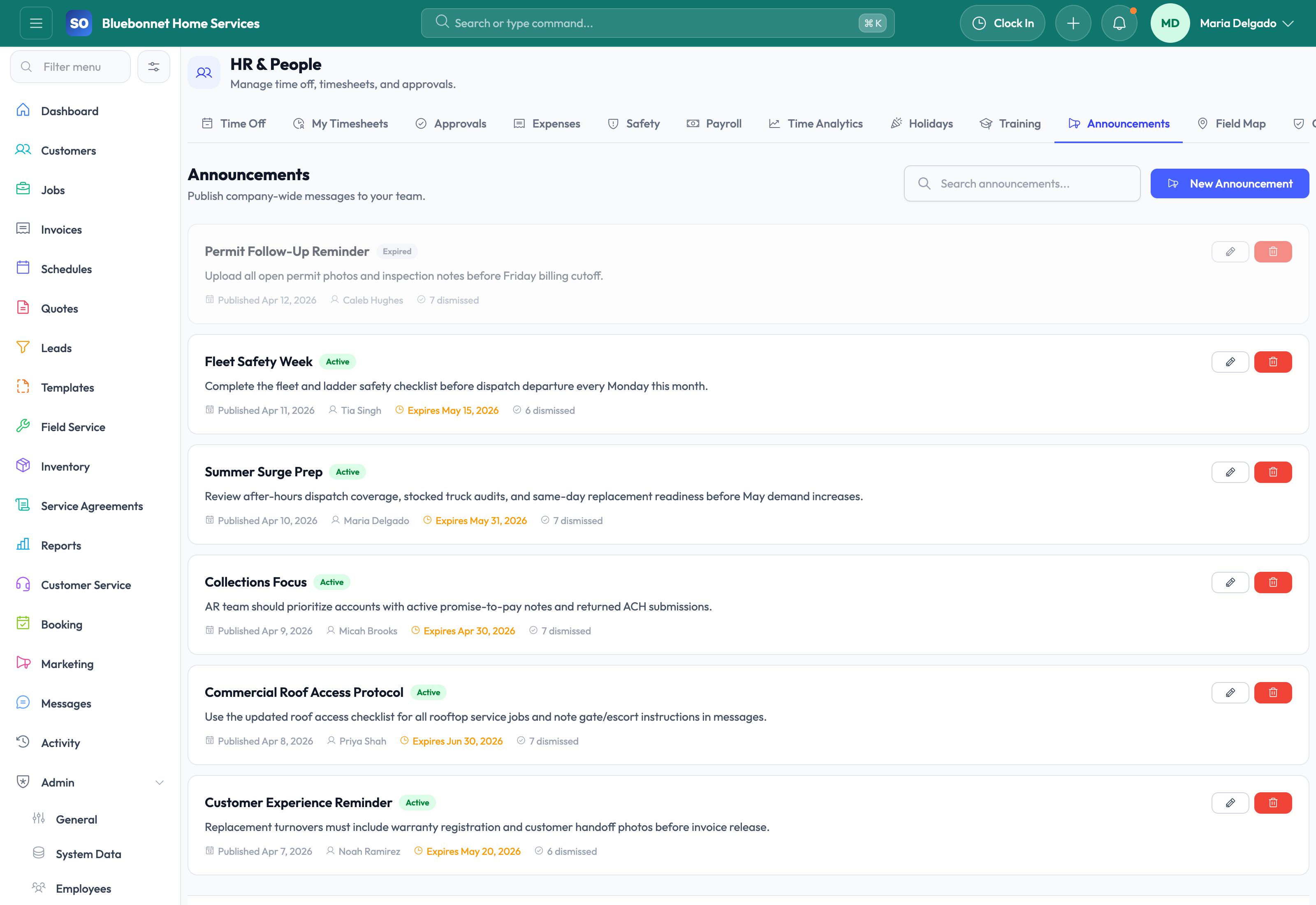 Announcements tab for internal team communication.