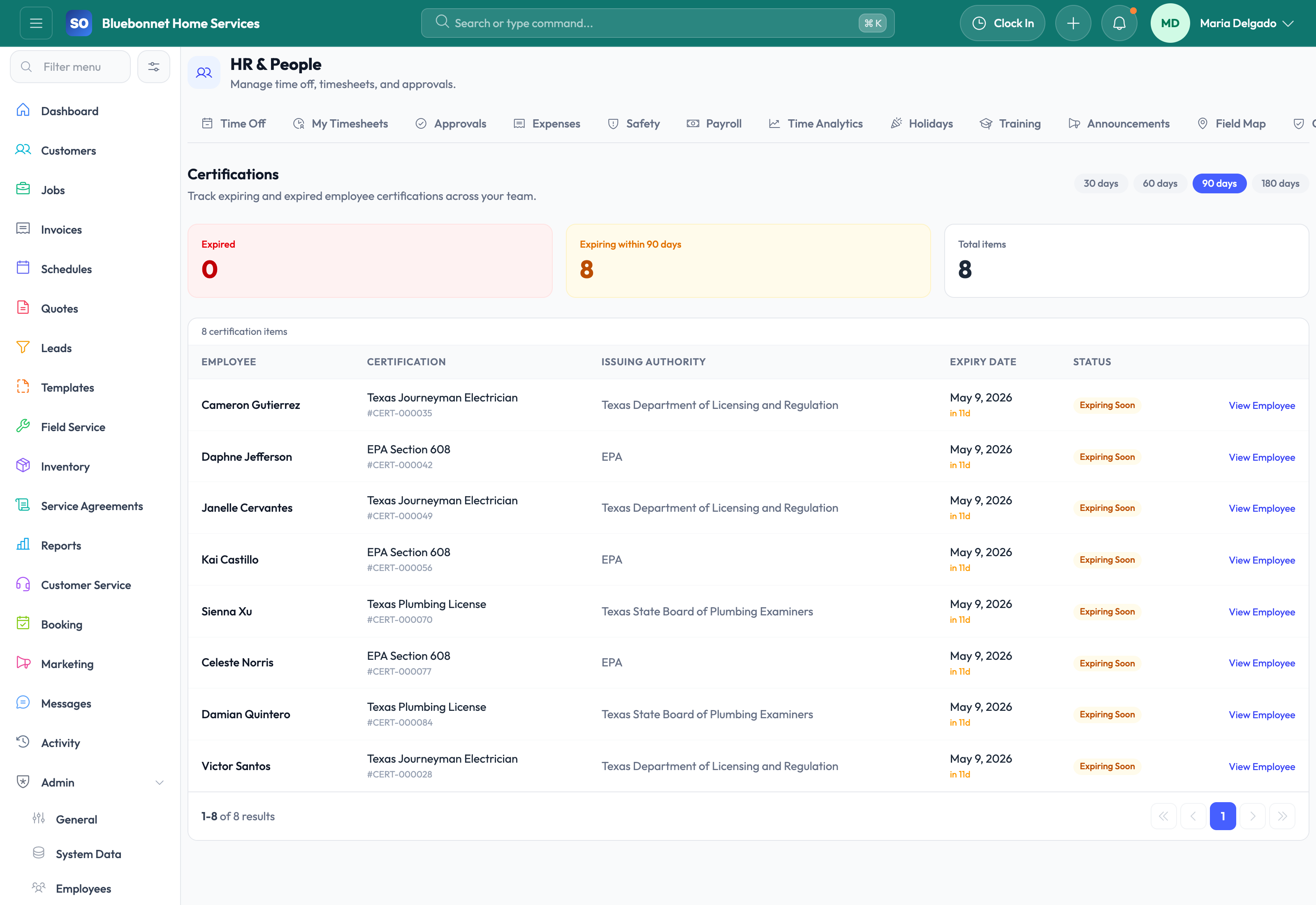 Certifications tab for employee compliance and renewal monitoring.