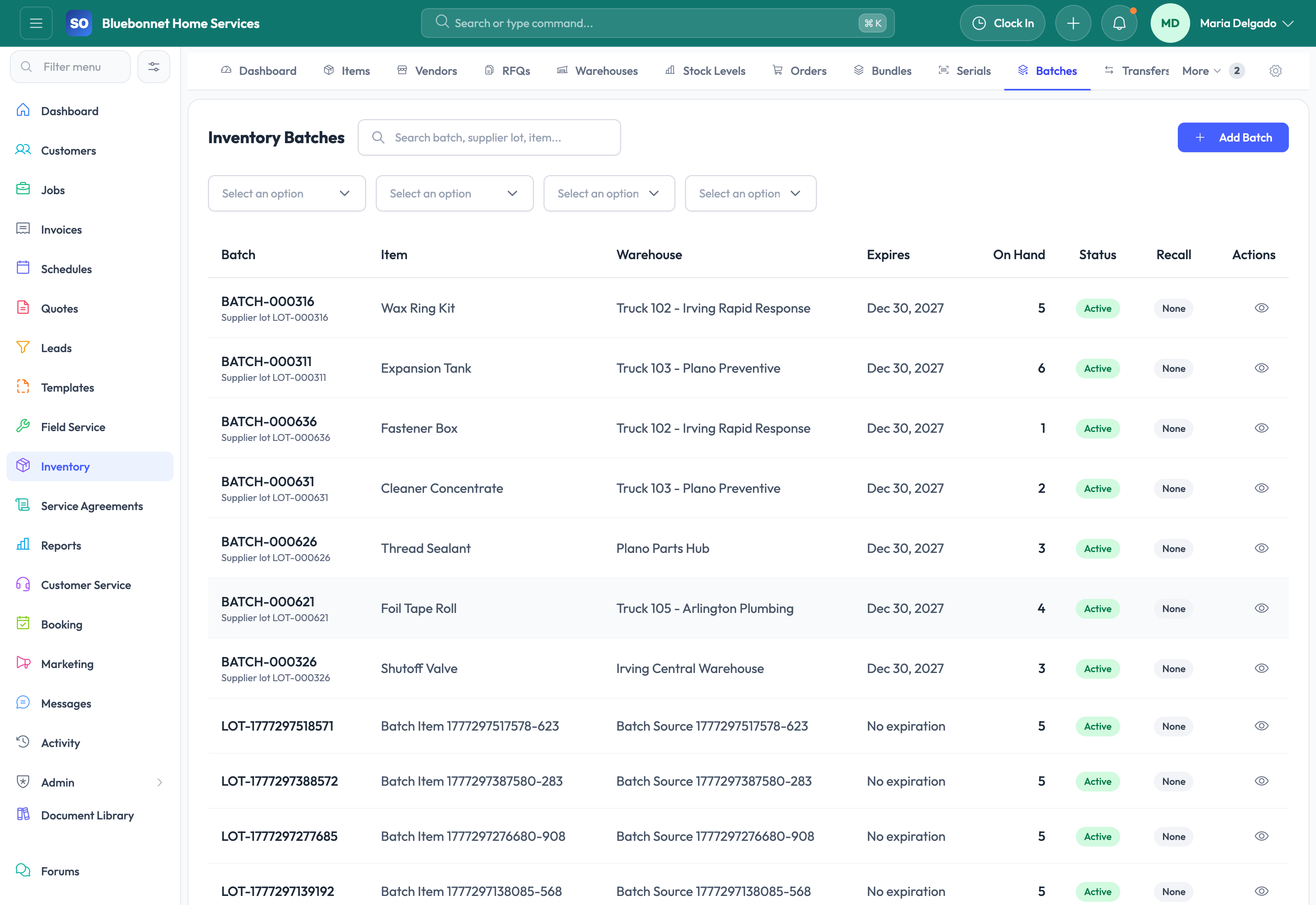 Batches tab for lot-based inventory control.