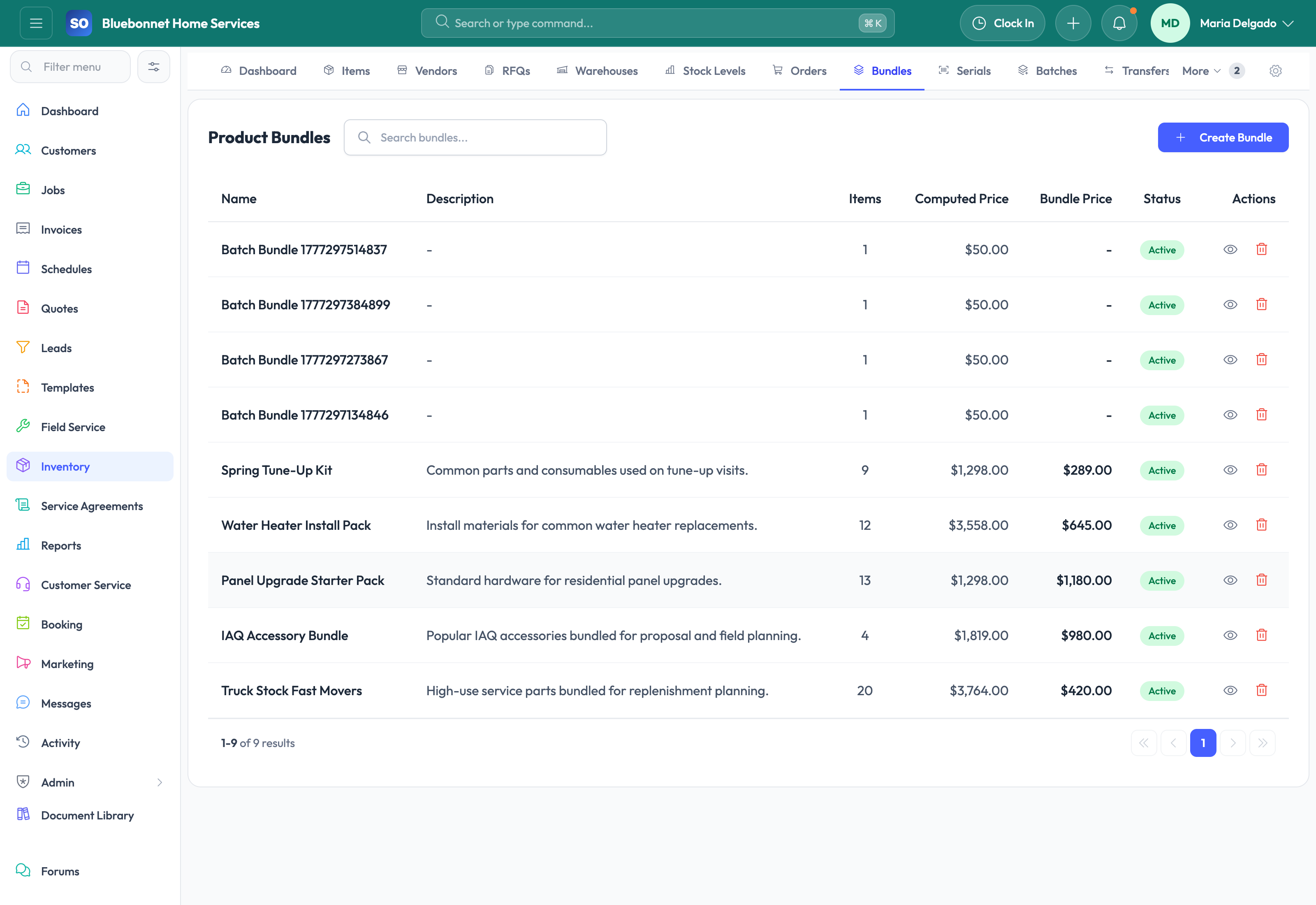 Bundles tab for grouped inventory sell-through.