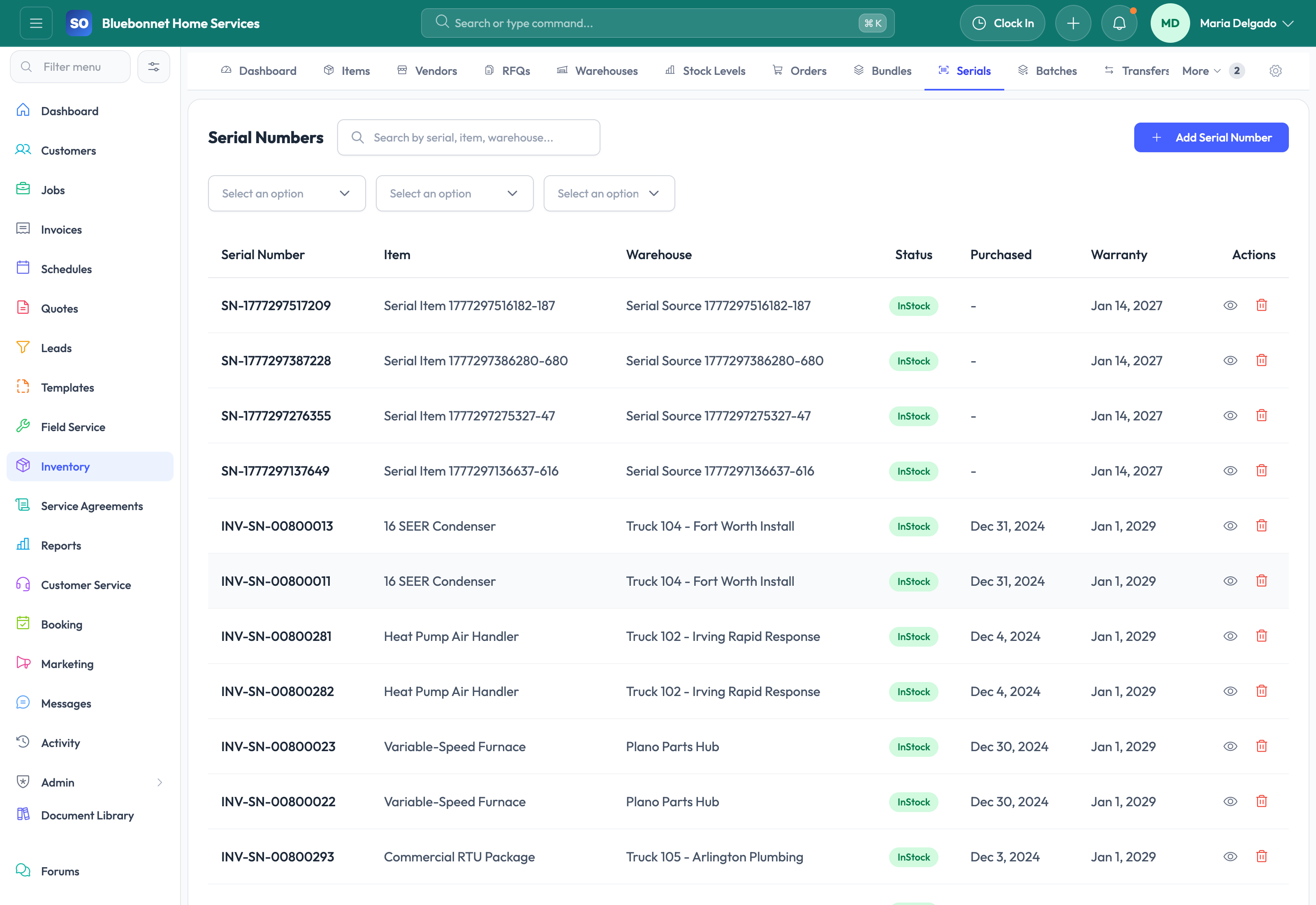 Serials tab for serialized asset tracking.