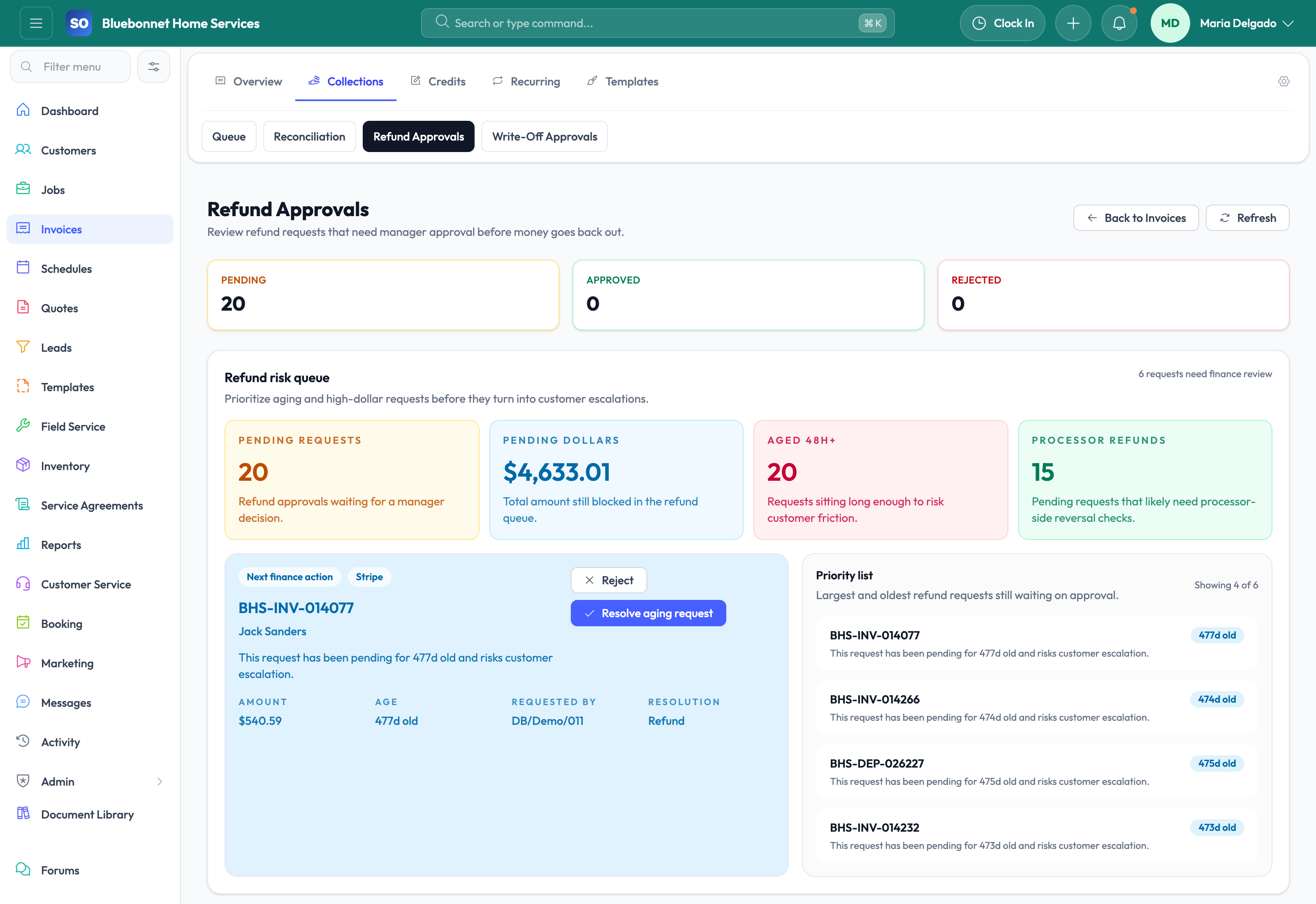 Refund approvals tab for controlled credit and refund handling.