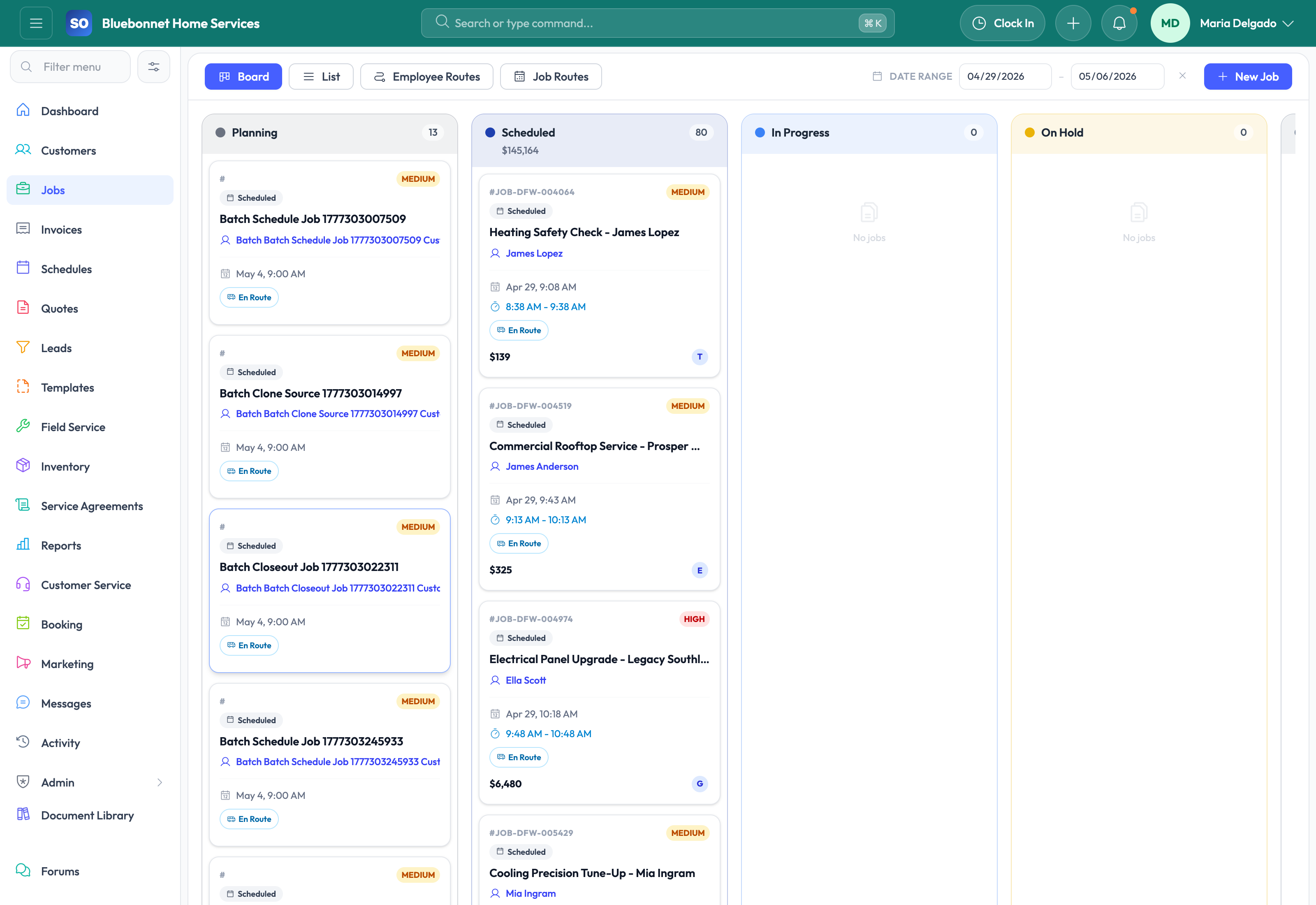 Job board tab for status-based work management.