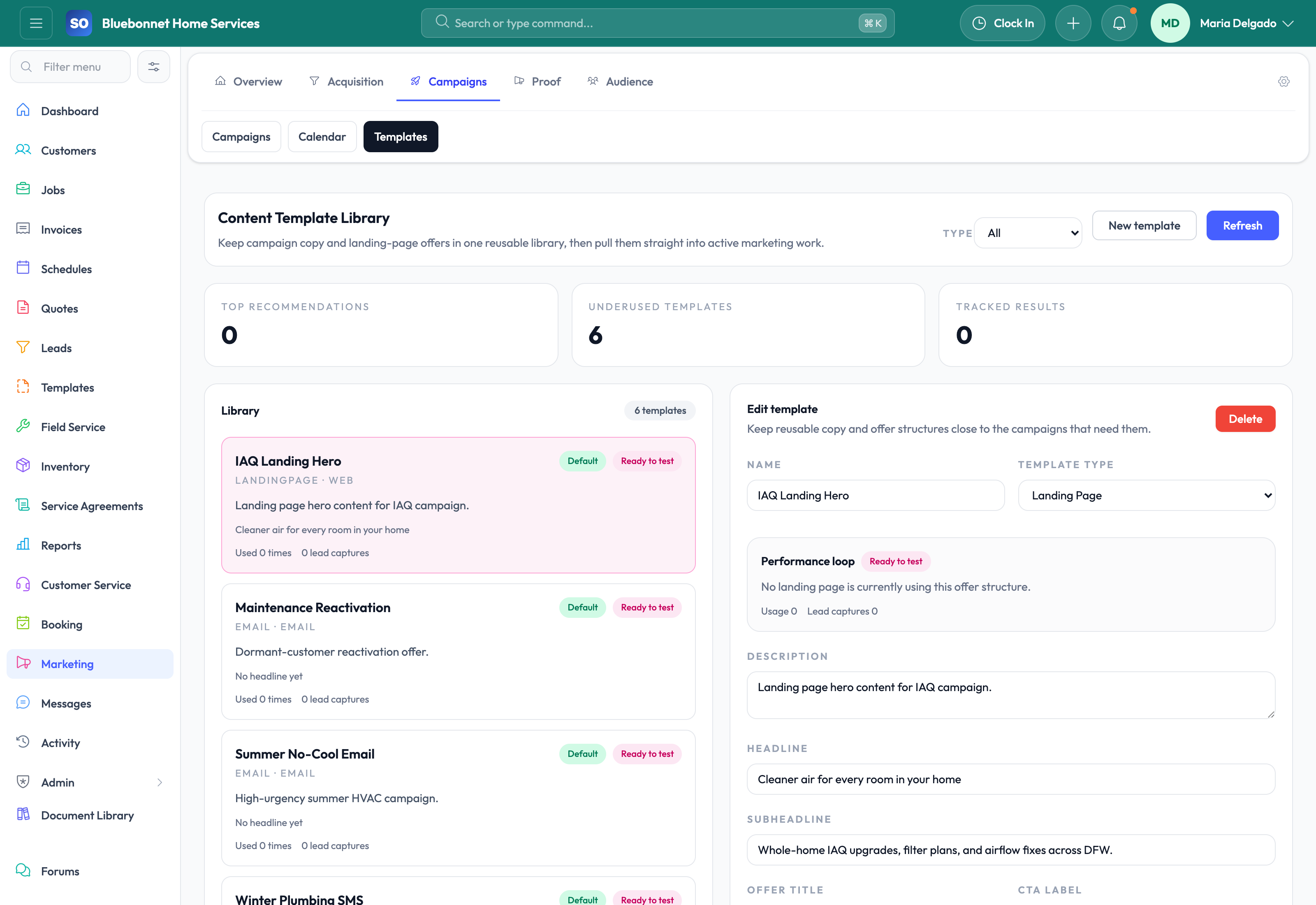 Marketing templates tab for reusable outreach content.
