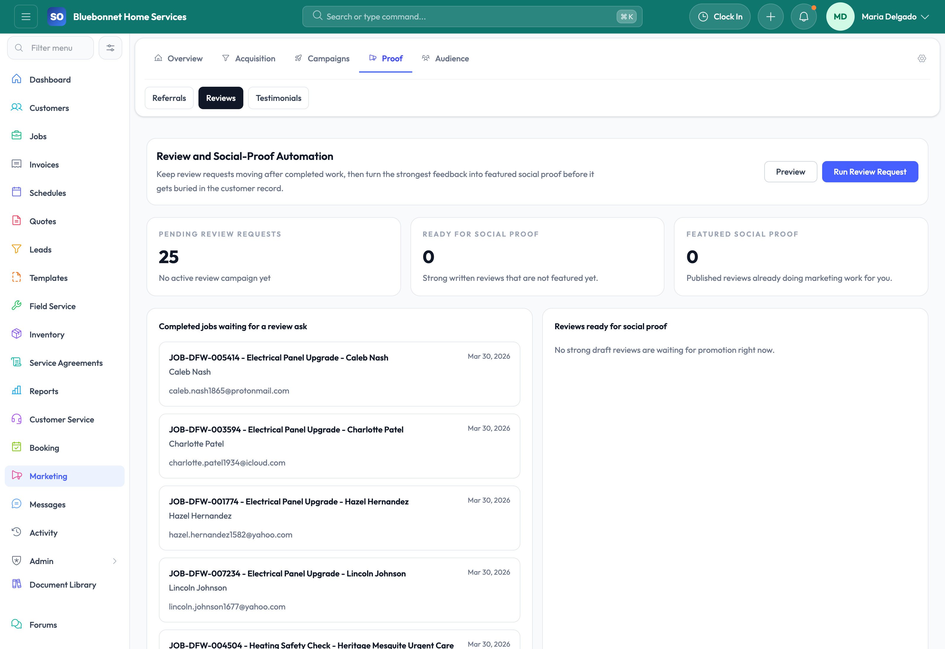 Reviews tab for reputation and review automation workflows.