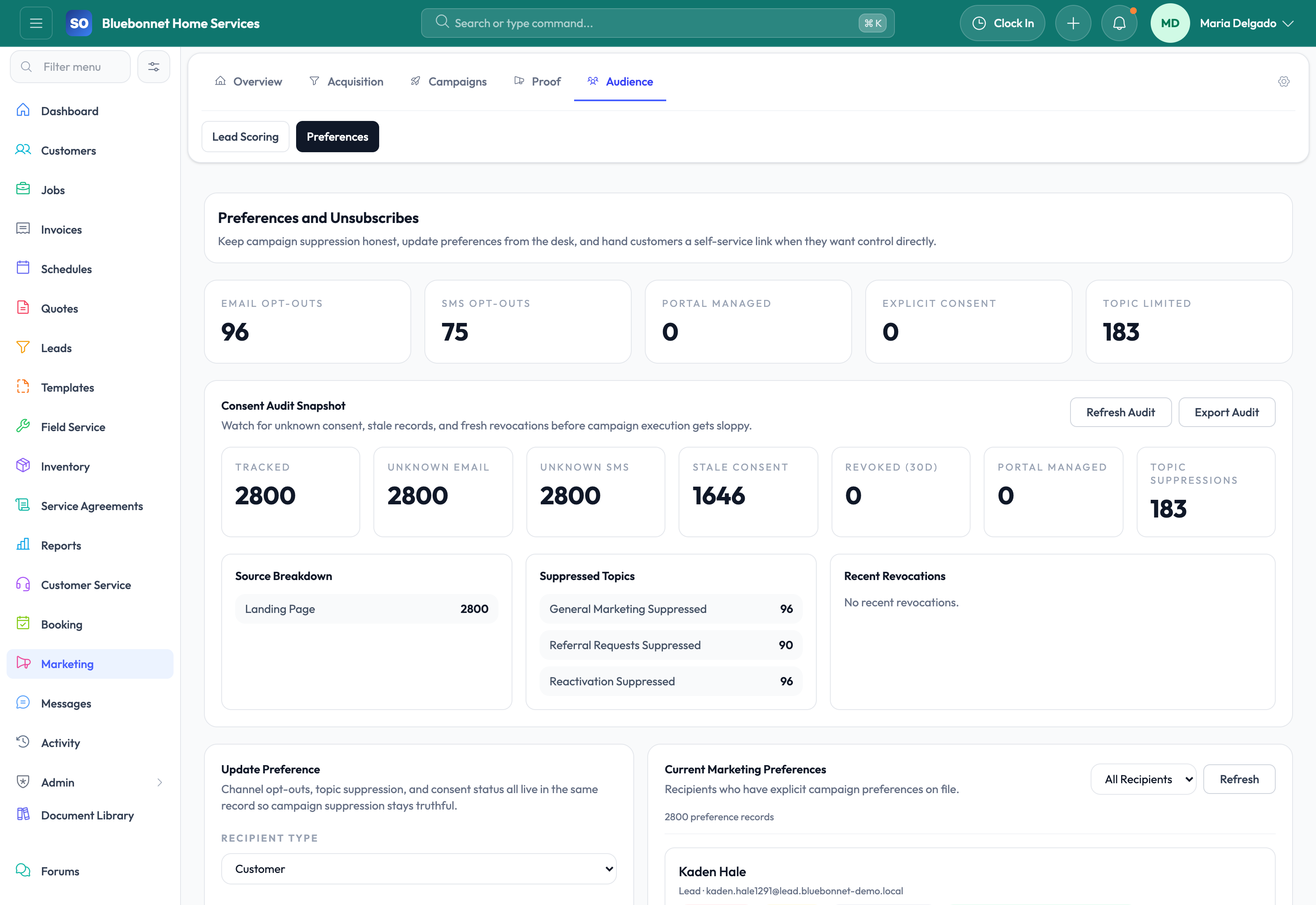 Preferences tab for audience targeting and communication controls.