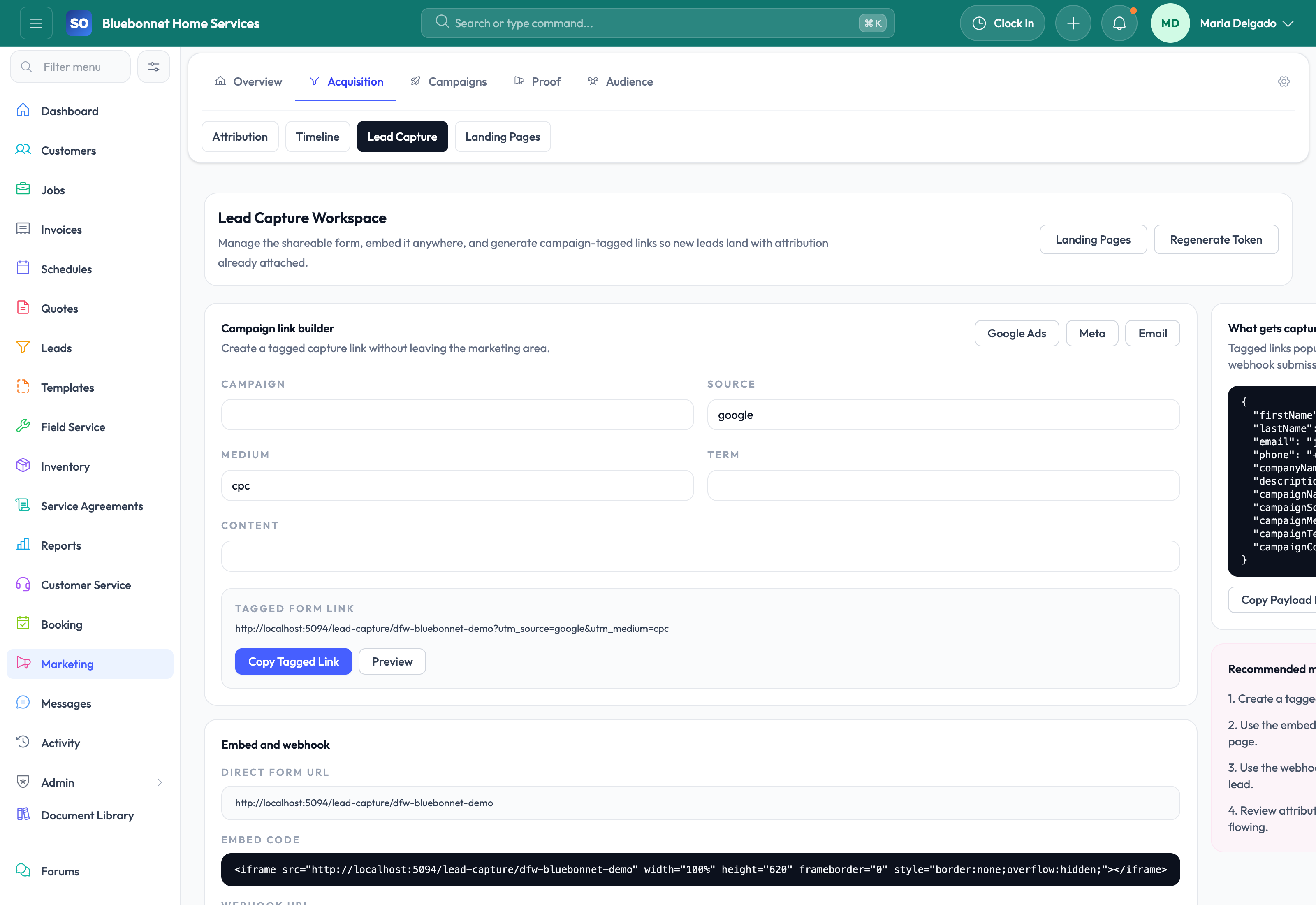 Lead capture tab for inbound opportunity sources and handoff.
