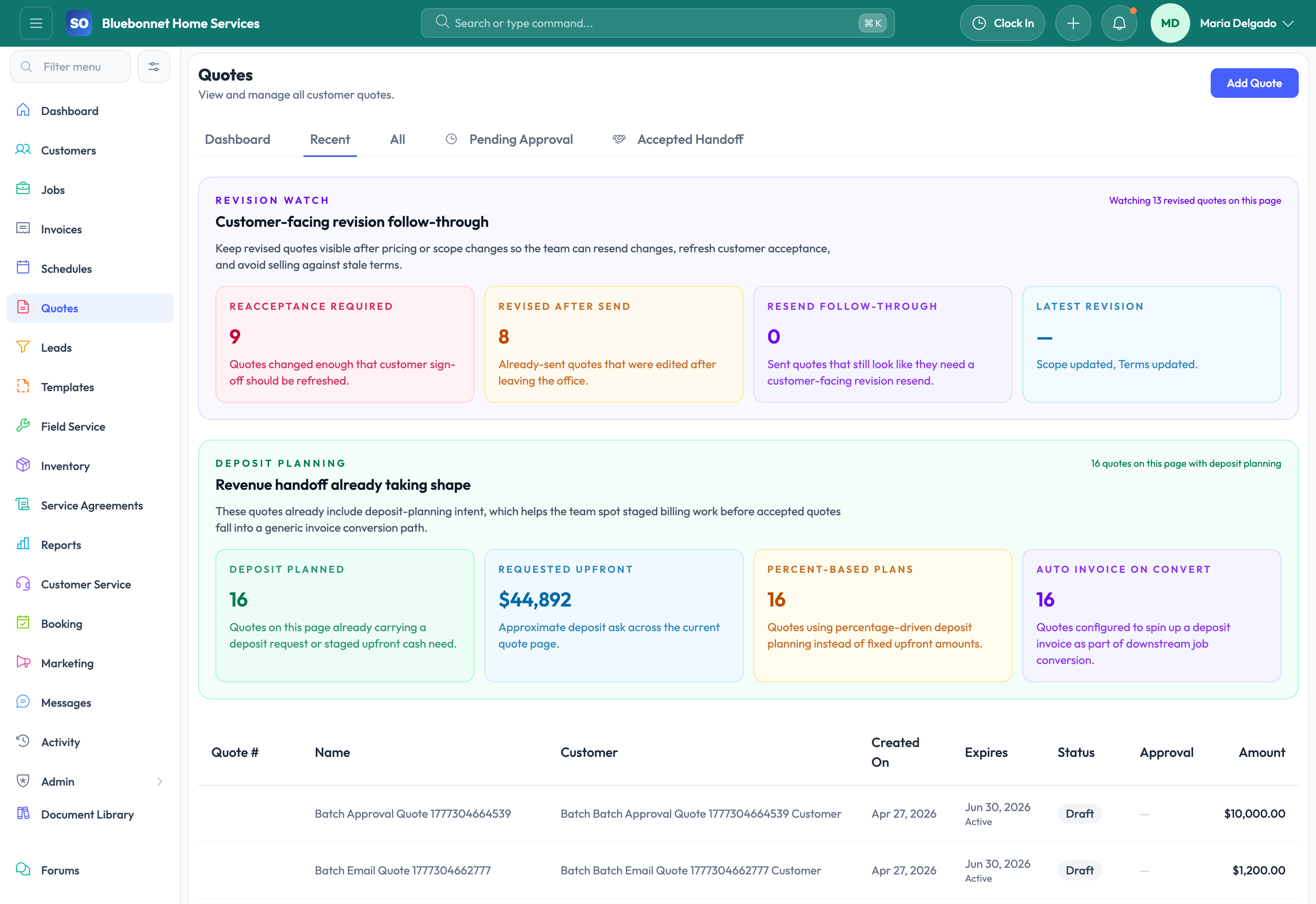 Recent quotes tab for fast same-day sales follow-up.