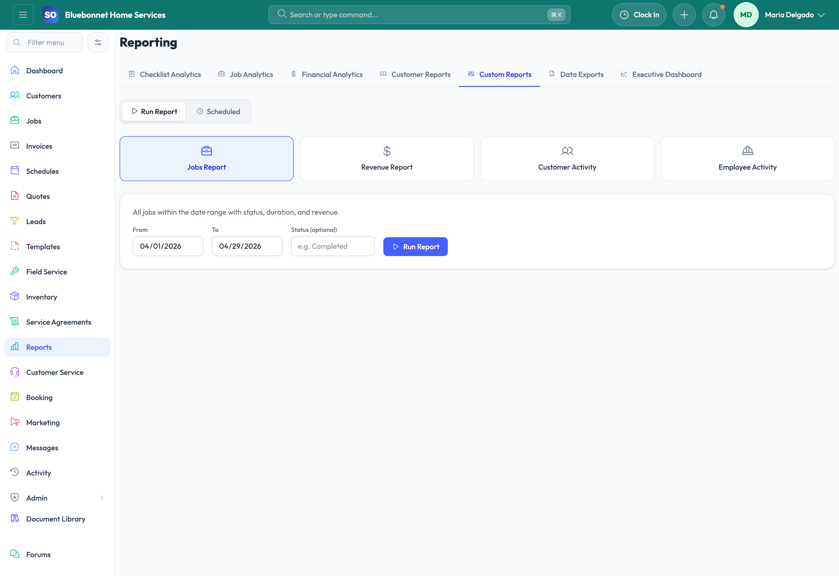 Custom Reports tab for ad hoc reporting workflows.