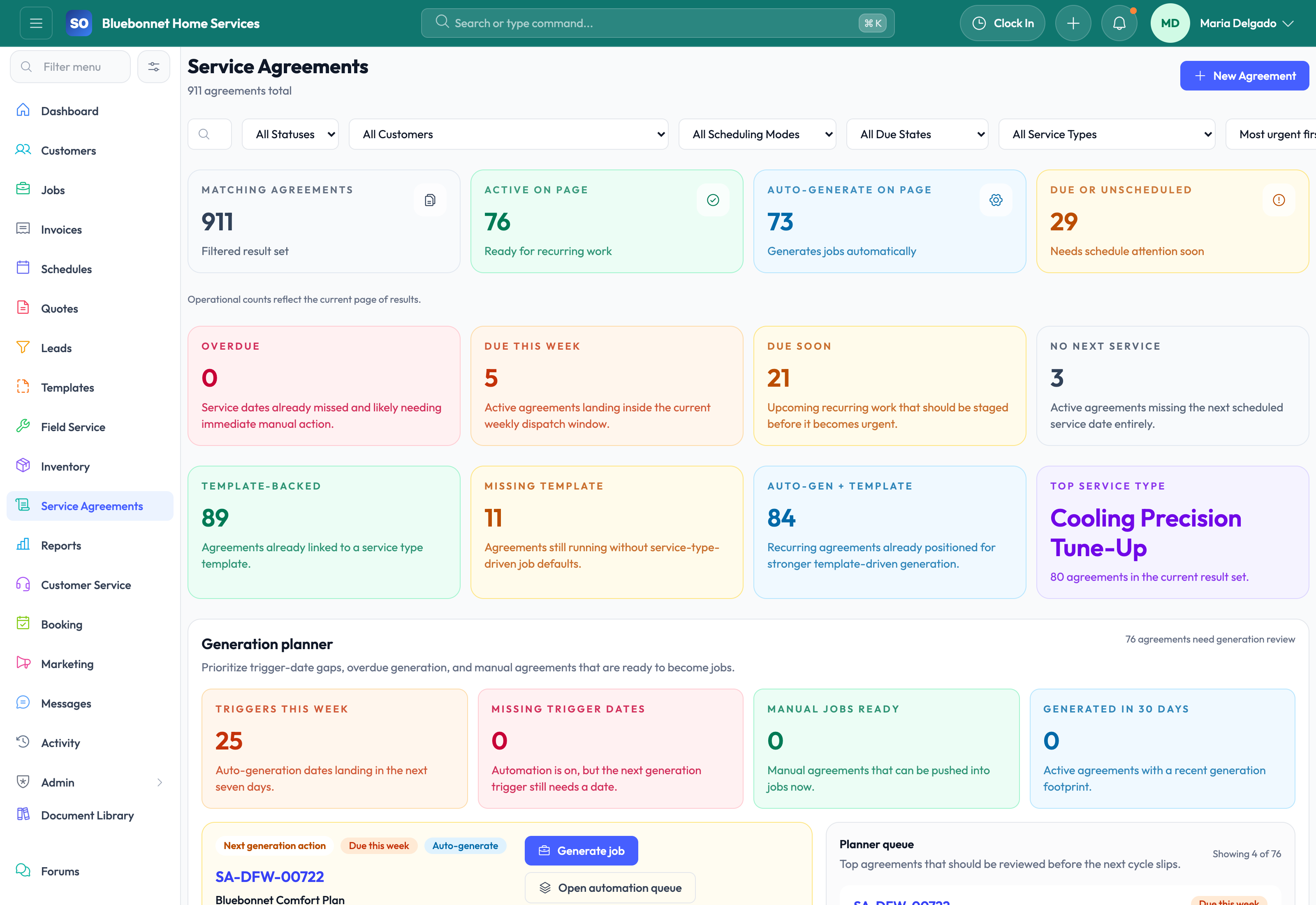 Service agreements dashboard with plan status and renewal visibility.