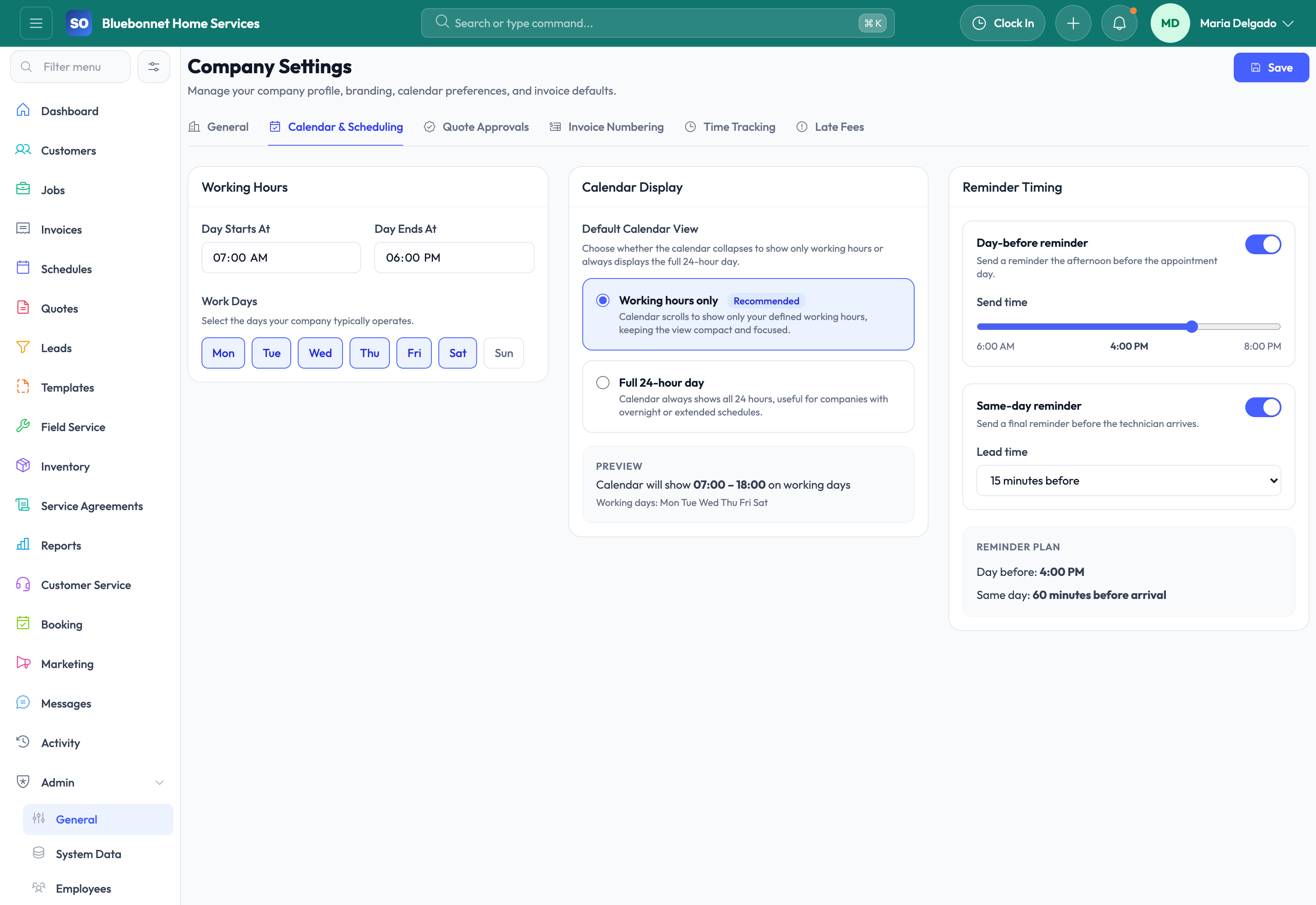 Company Settings calendar tab for scheduling configuration.