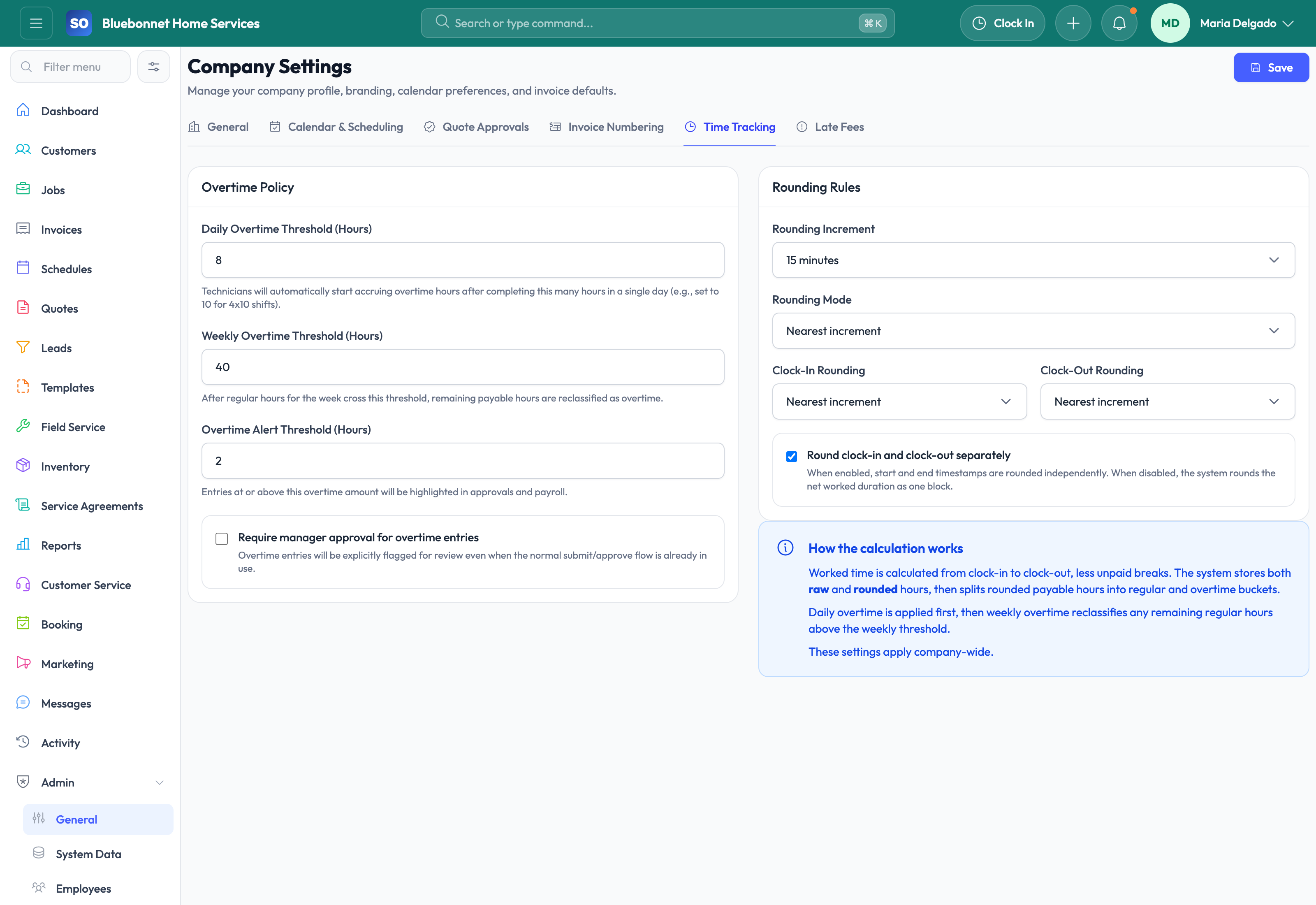 Company Settings time tracking tab for labor rules and rounding.