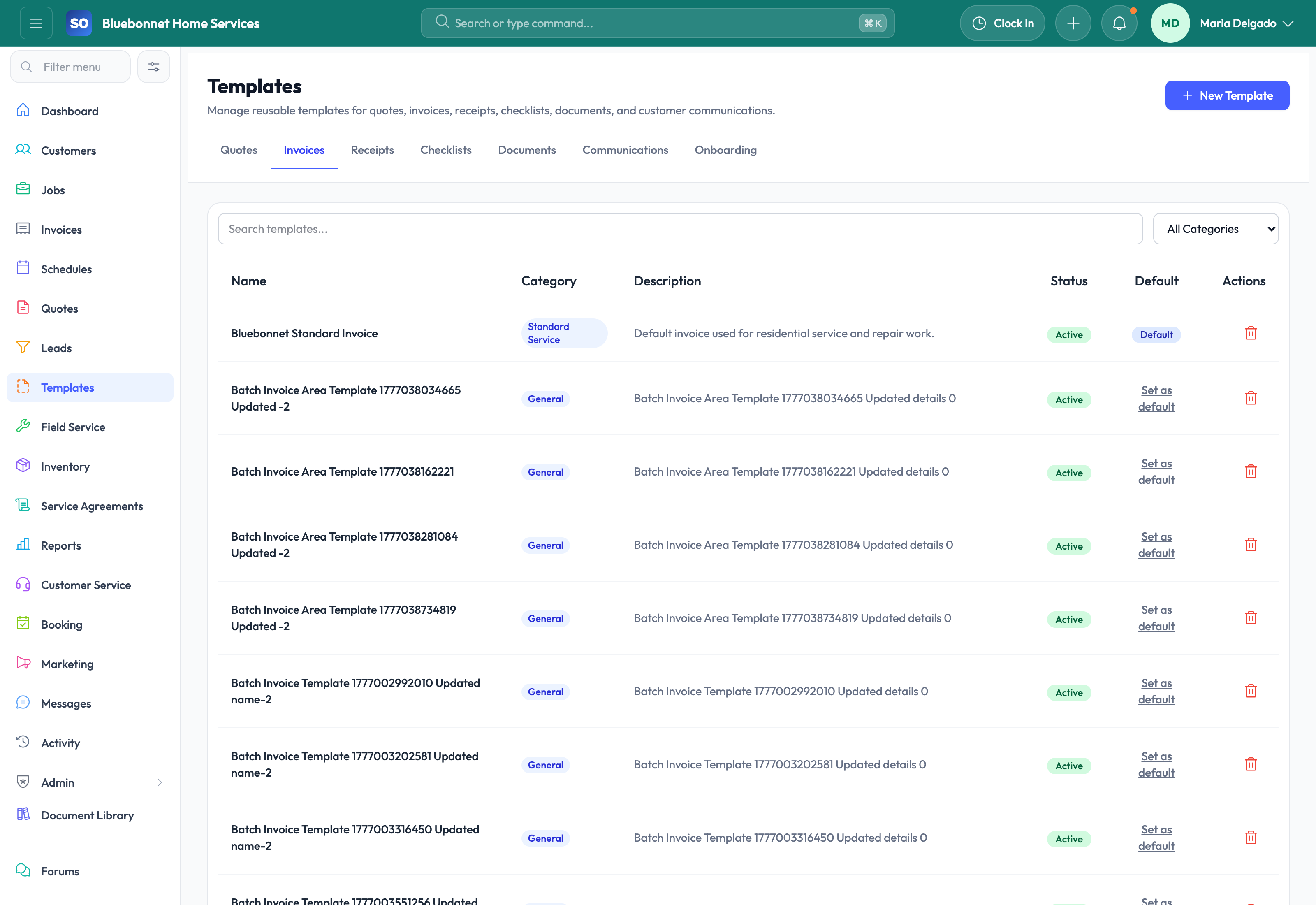 Invoice templates tab for reusable billing layouts.