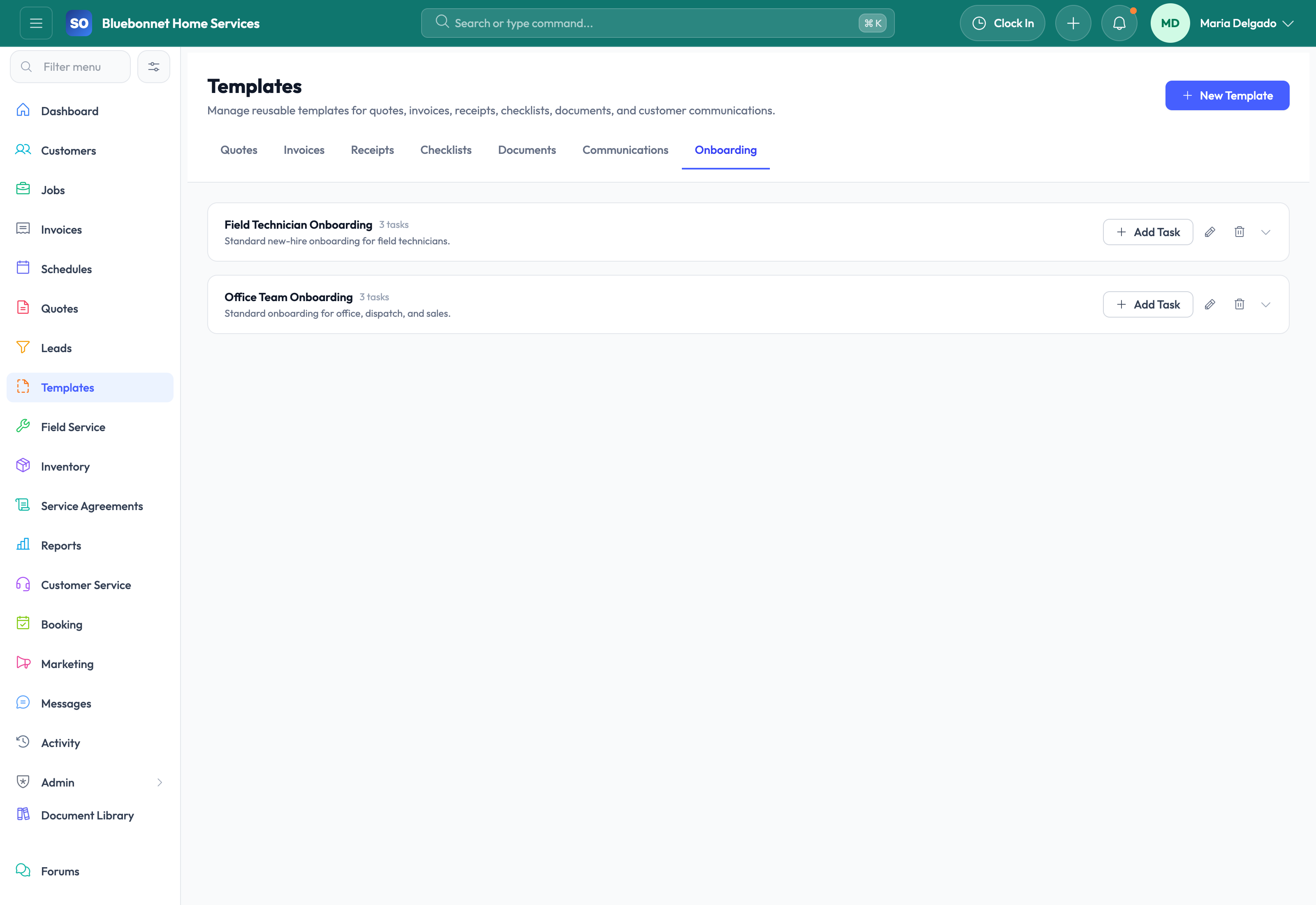 Onboarding templates tab for employee setup workflows.