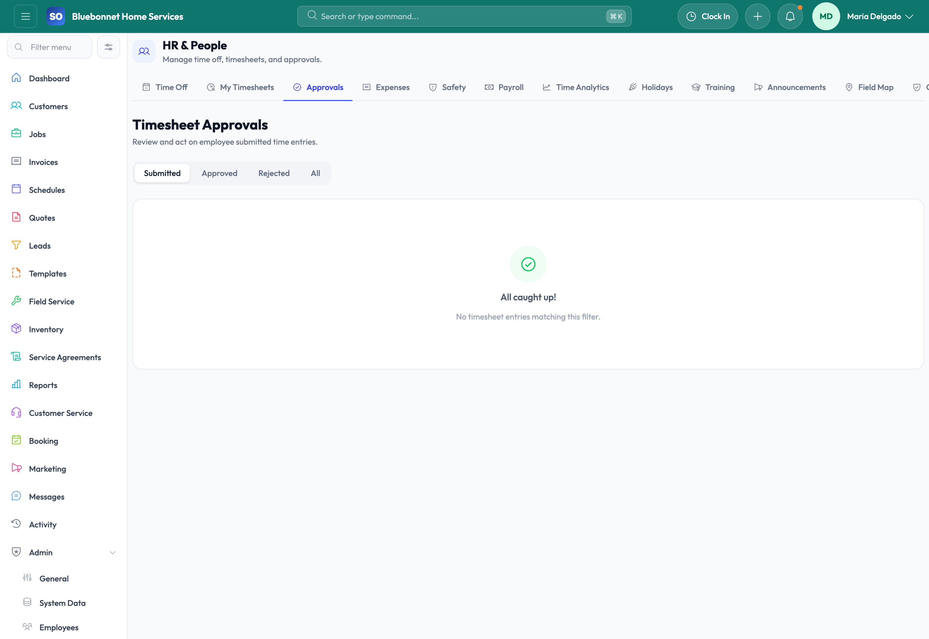 Timesheet Approvals tab for supervisor review and approval.
