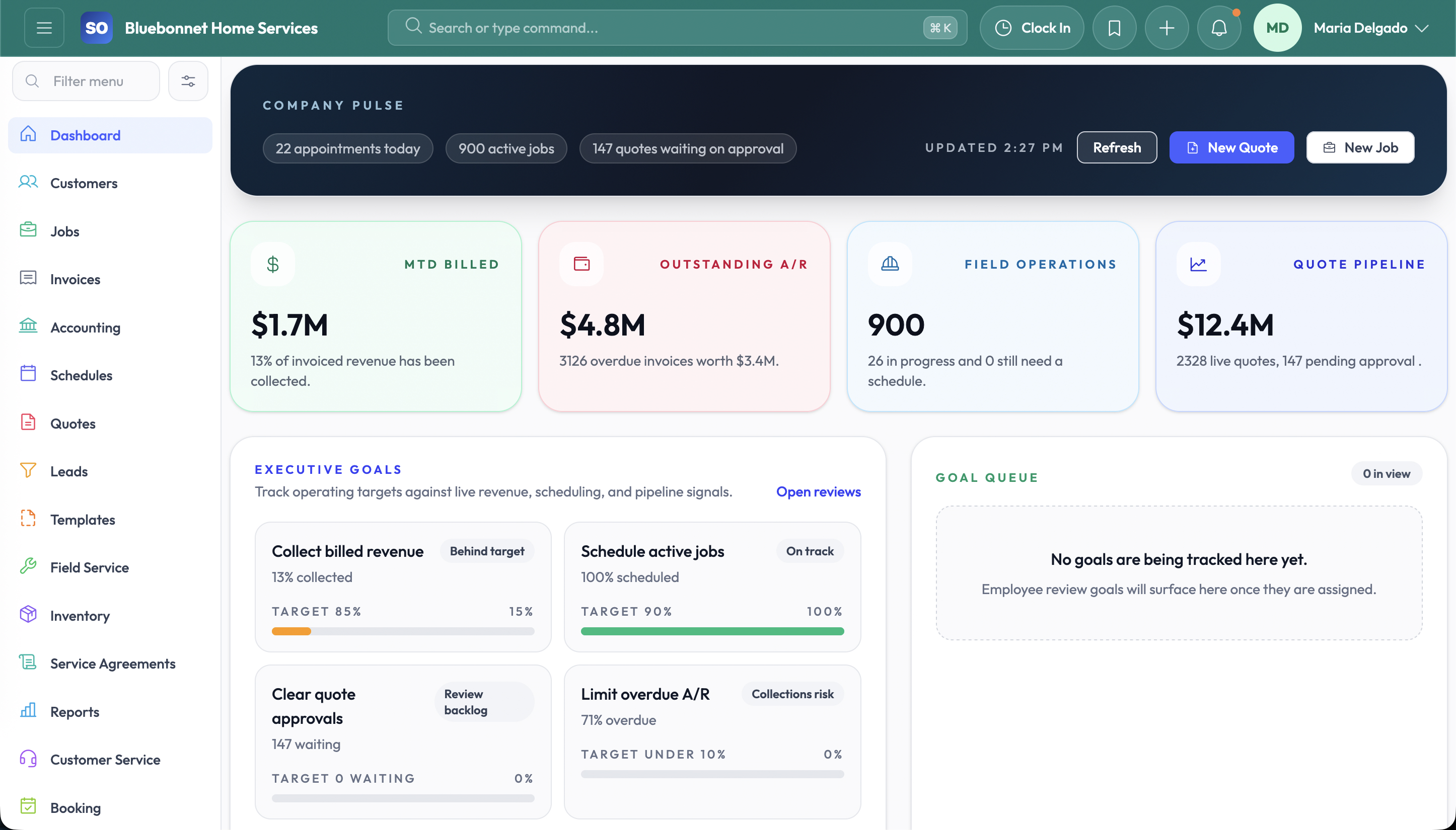 Service Opus dashboard connected to customer, scheduling, and operating data